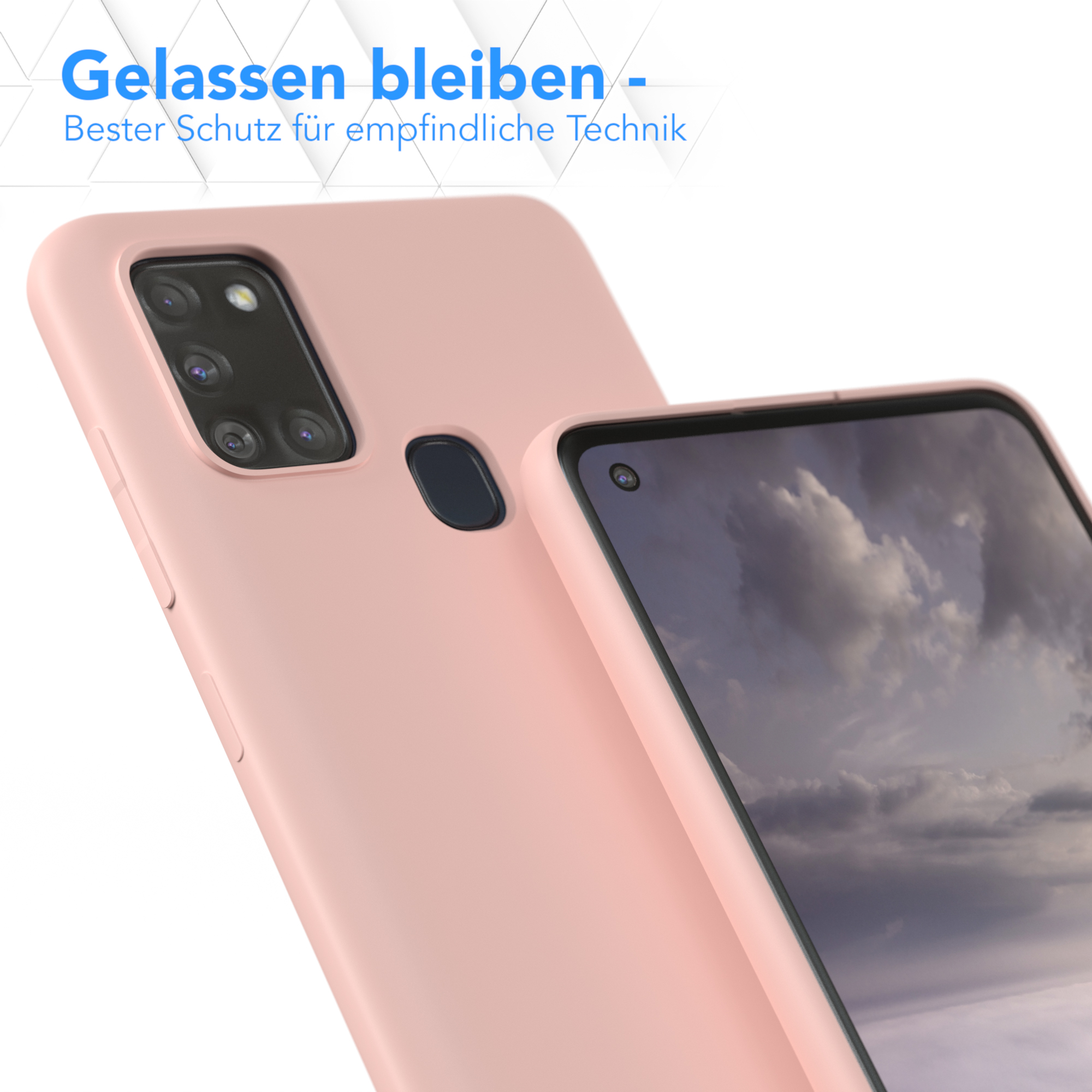 Rosa Handyhülle mit Handy, Text und weißem Hintergrund.