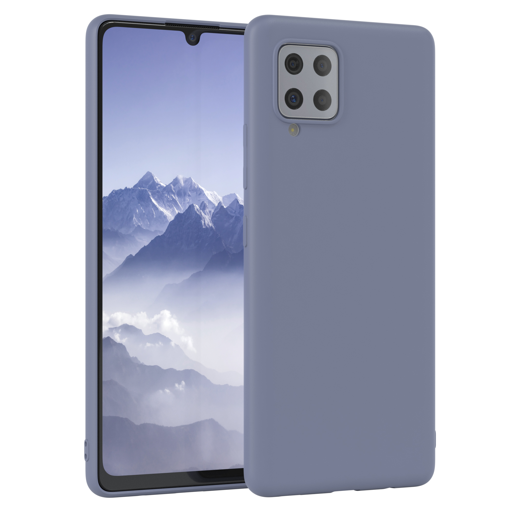 Blaues Telefon mit passendem Gehäuse, Rückseite mit Kameras und Bildschirm.