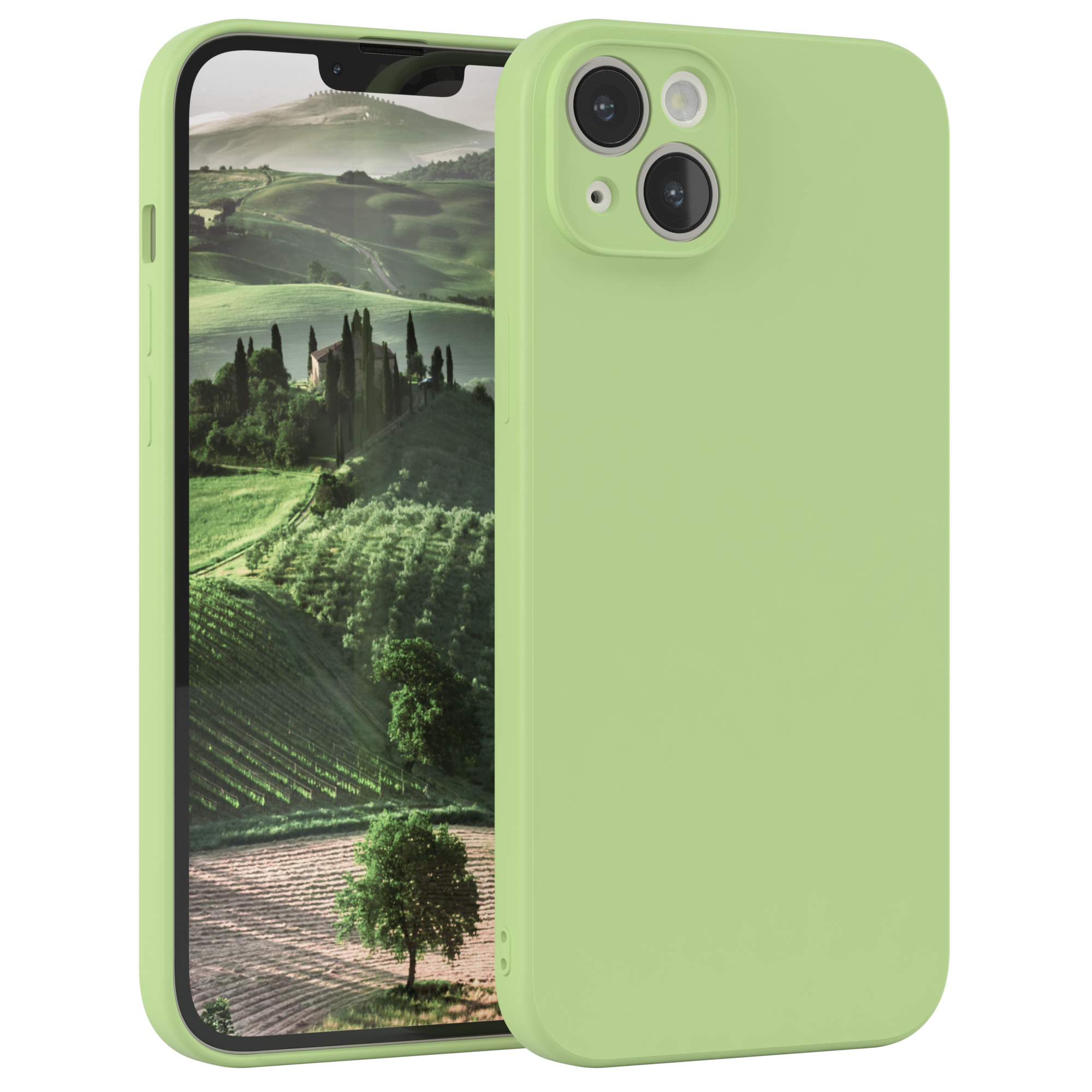 Ein grünes Telefon in einer passenden Hülle. Das Telefon hat einen Bildschirm, der eine Landschaft zeigt, und eine grüne Hülle.
