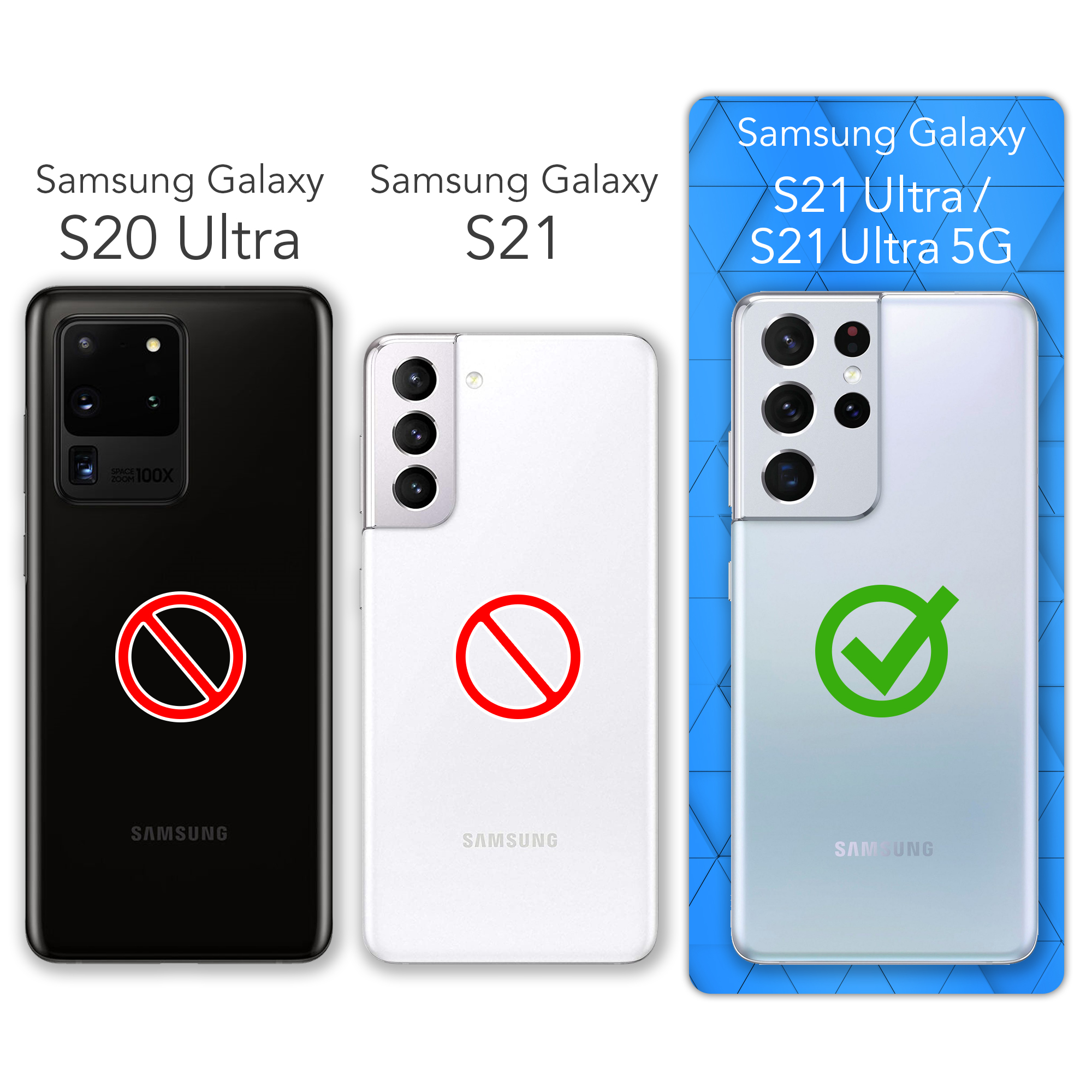 Drei Samsung-Telefone mit einem S20 Ultra und S21 mit roten Verbotszeichen, S21 Ultra mit einem Häkchen.