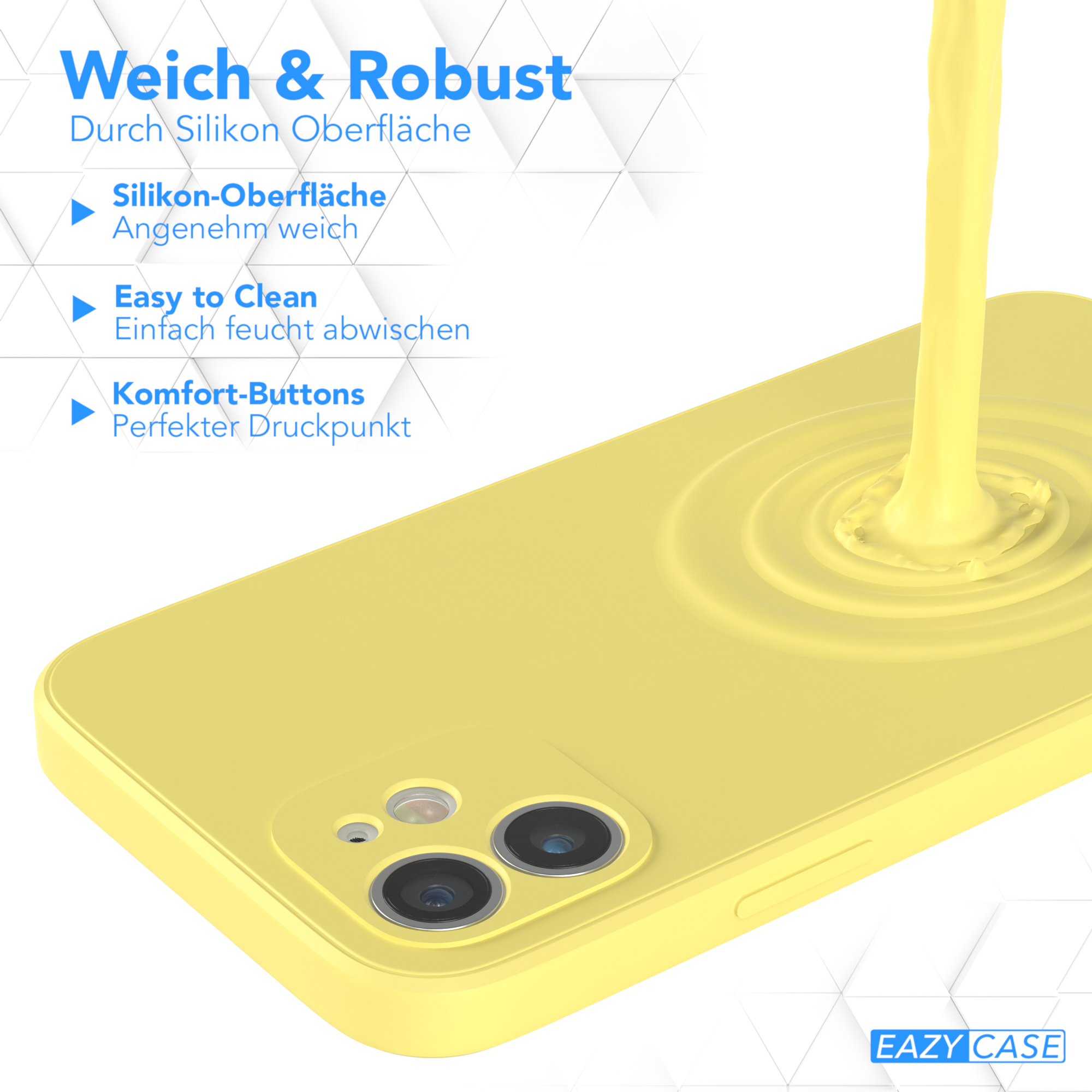 Gelbe Handyhülle mit Flüssigkeit. Text: 'Weich & Robust' und 'Eazy Case'.