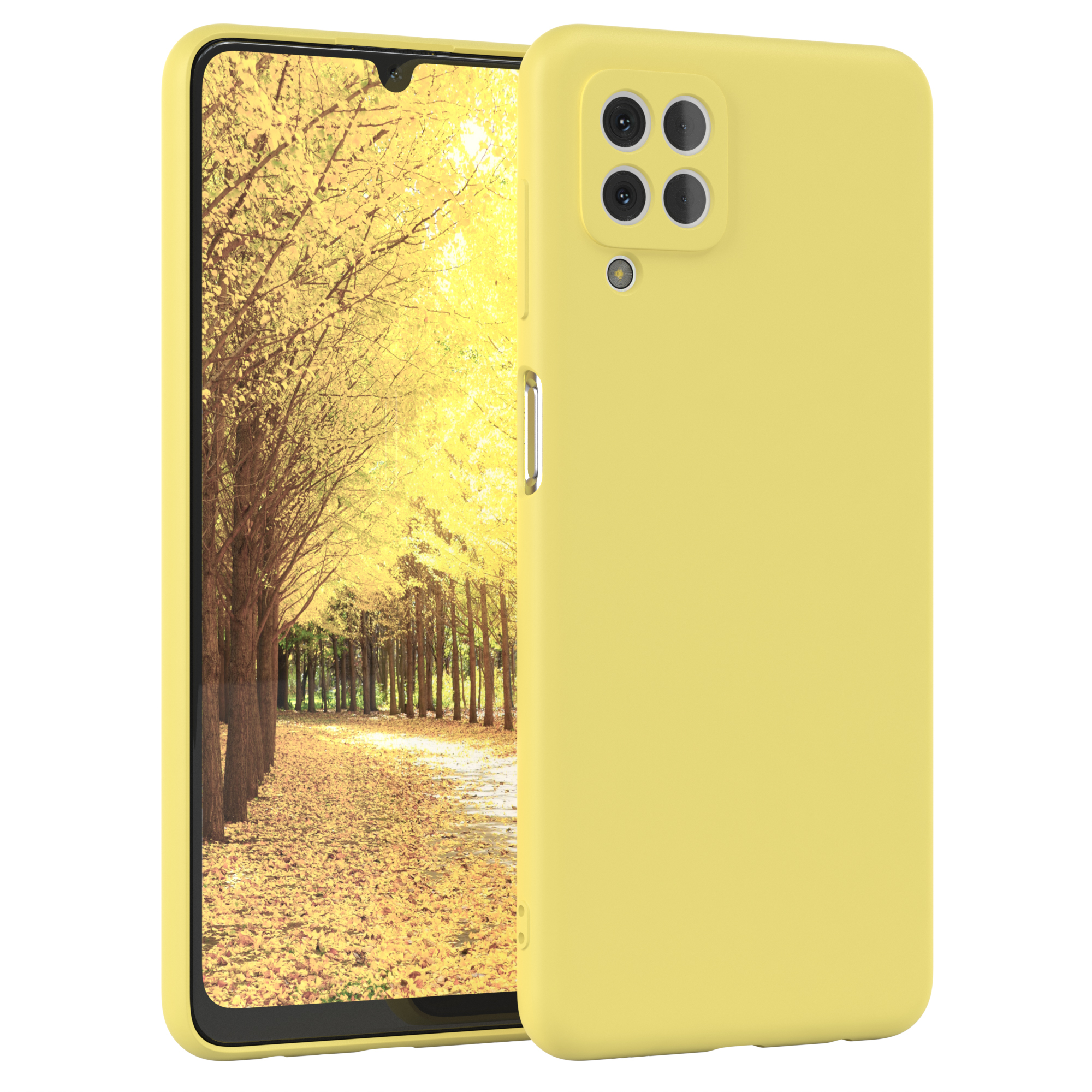 Gelbes Telefon mit gelber Hülle. Der Bildschirm zeigt eine Herbstlaubszene. Weißer Hintergrund.