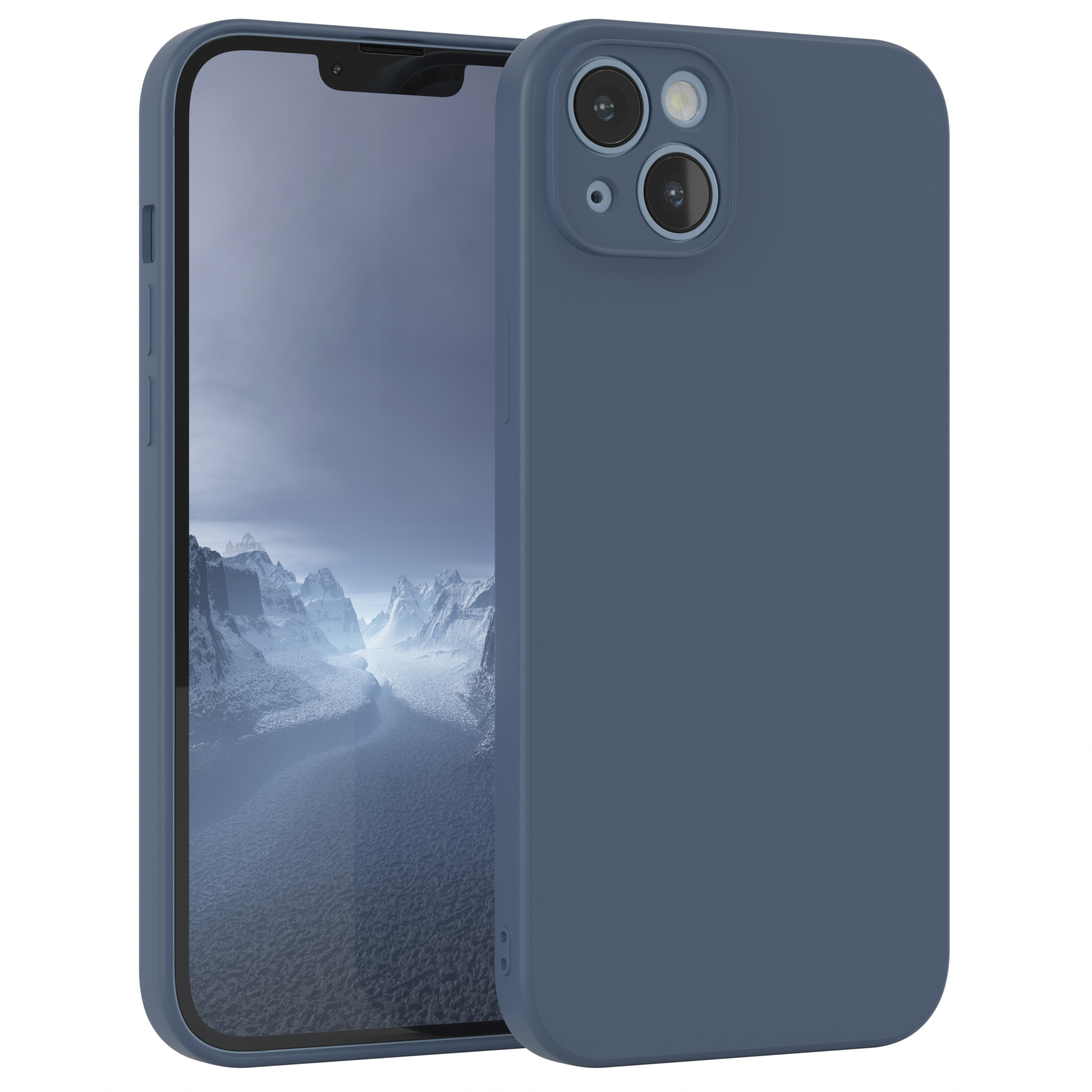 Blaue Handyhülle mit zwei Kameraausschnitten, orangefarbener Hintergrund.