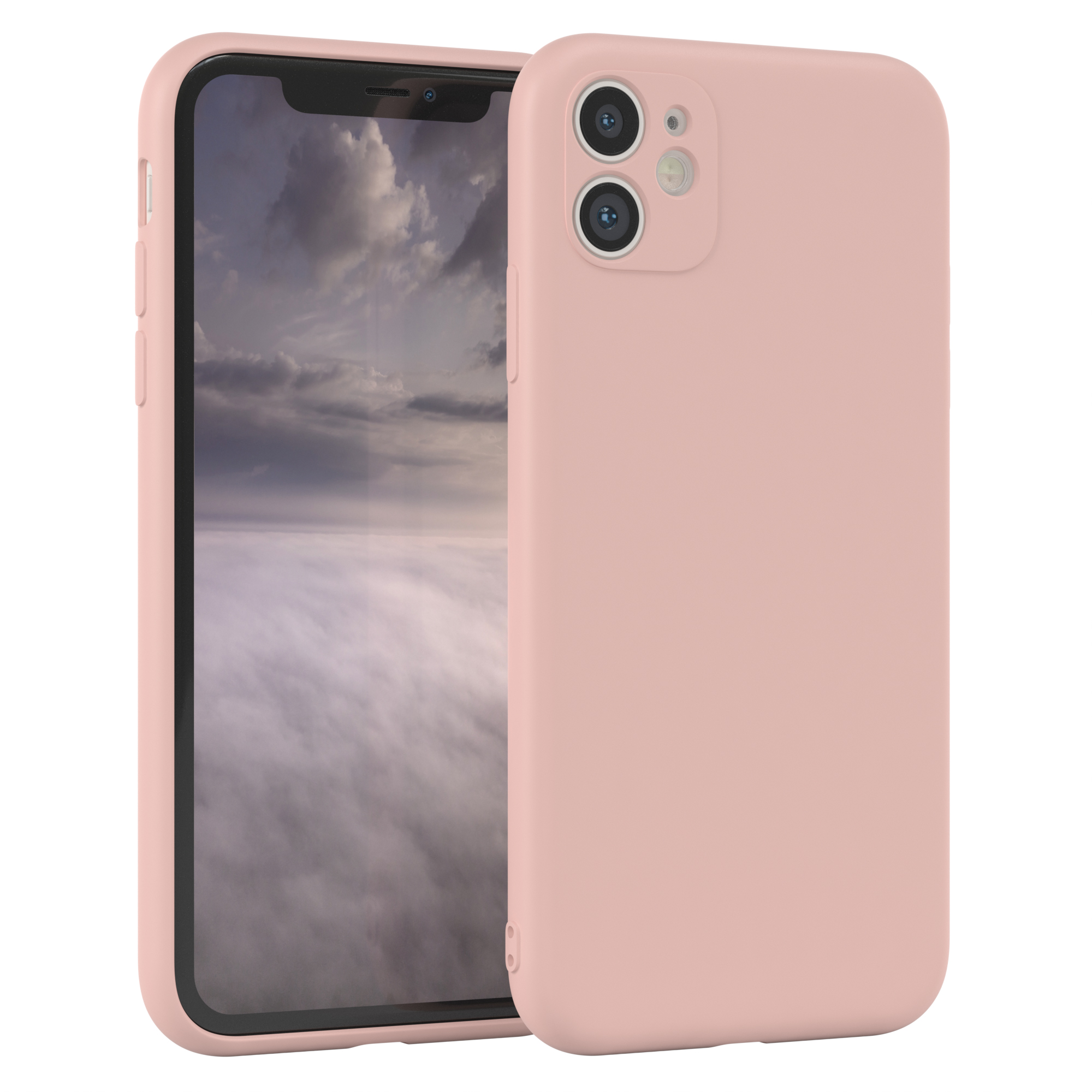 Zwei rosa Handyhüllen, eine mit dem Telefon darin, auf weißem Hintergrund.