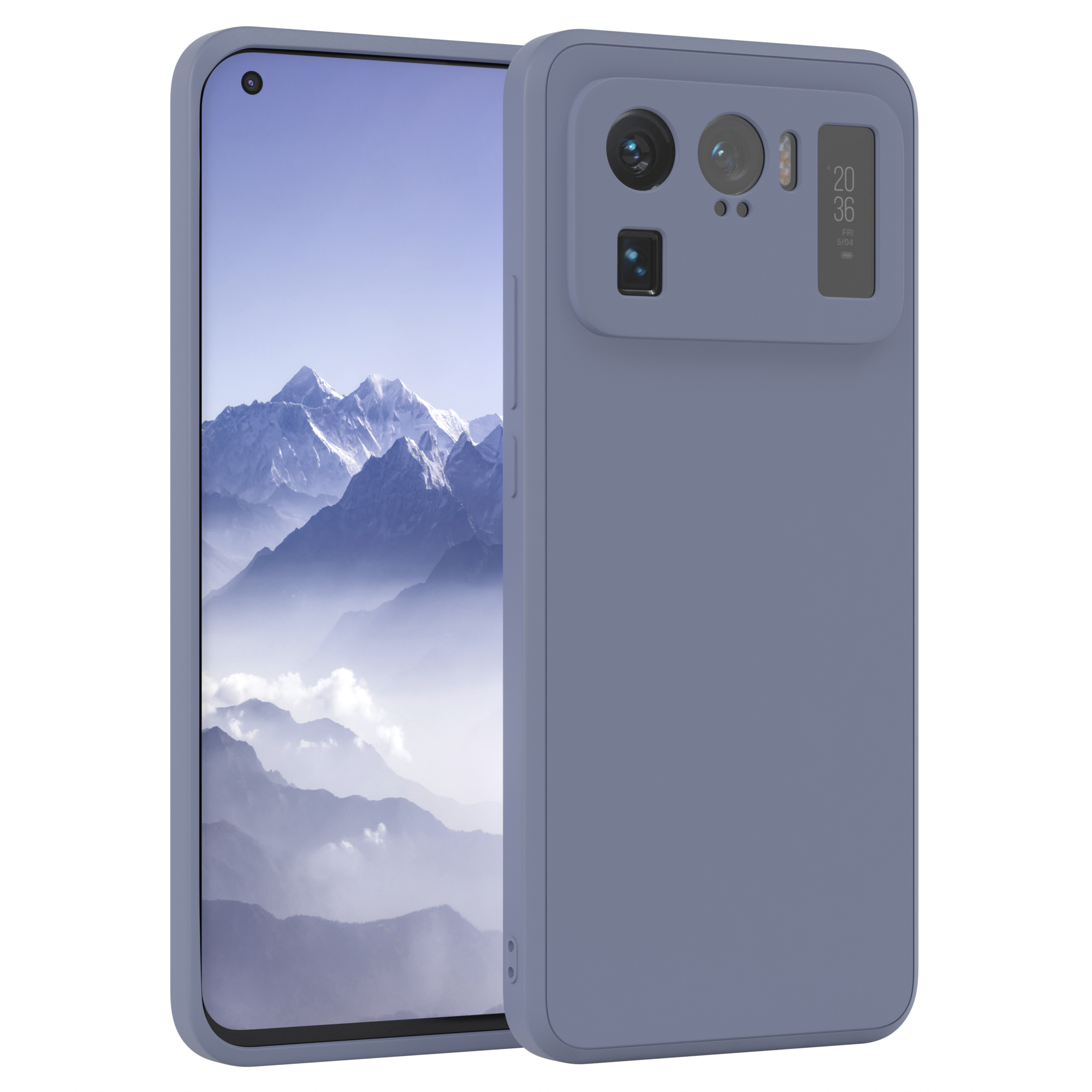 Blaue Handyhülle mit einem Handy darin. Das Handy zeigt eine Berglandschaft. Weißer Hintergrund.
