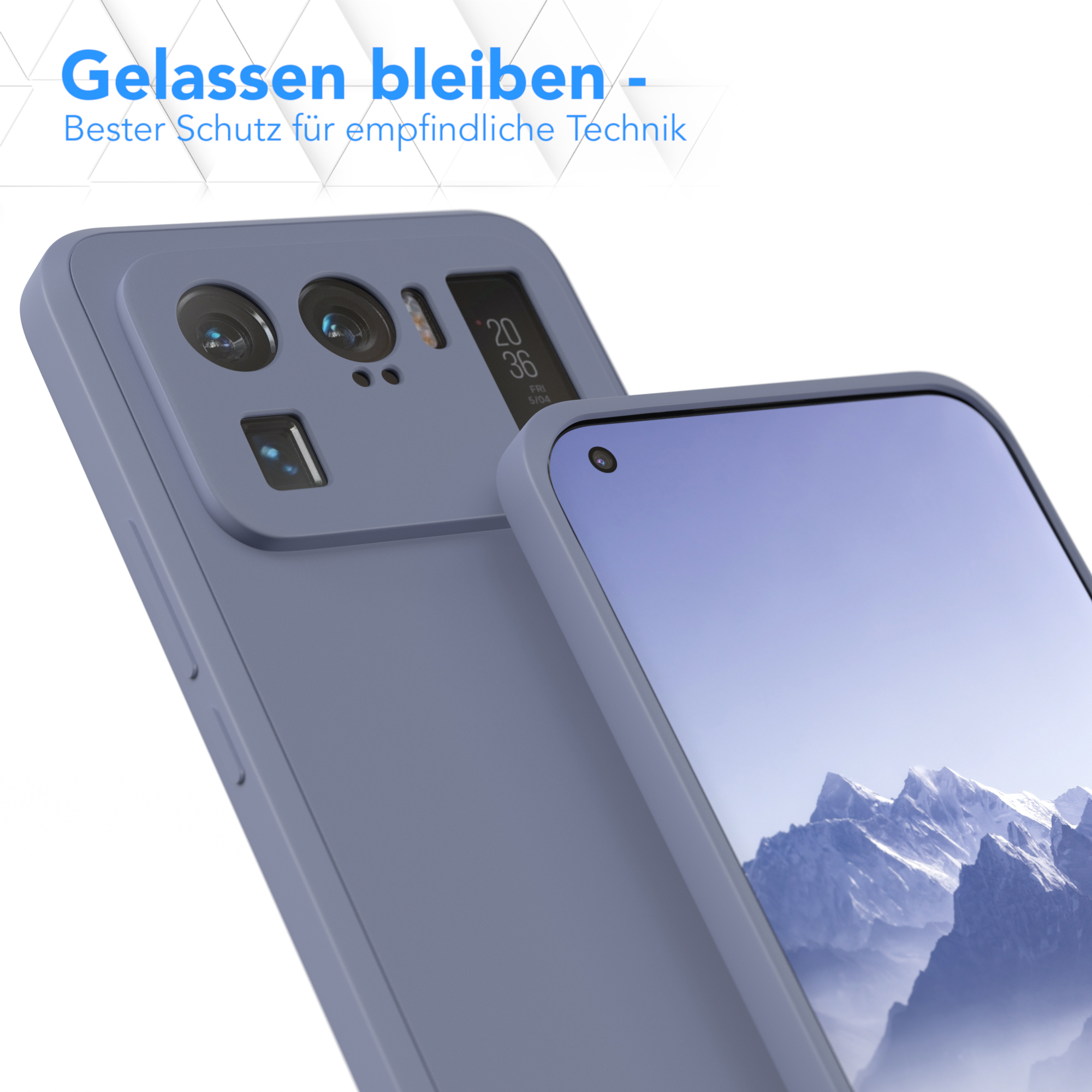 Blaue Handyhülle, die teilweise ein Telefon bedeckt, Nahaufnahme, vor unscharfem Hintergrund.
