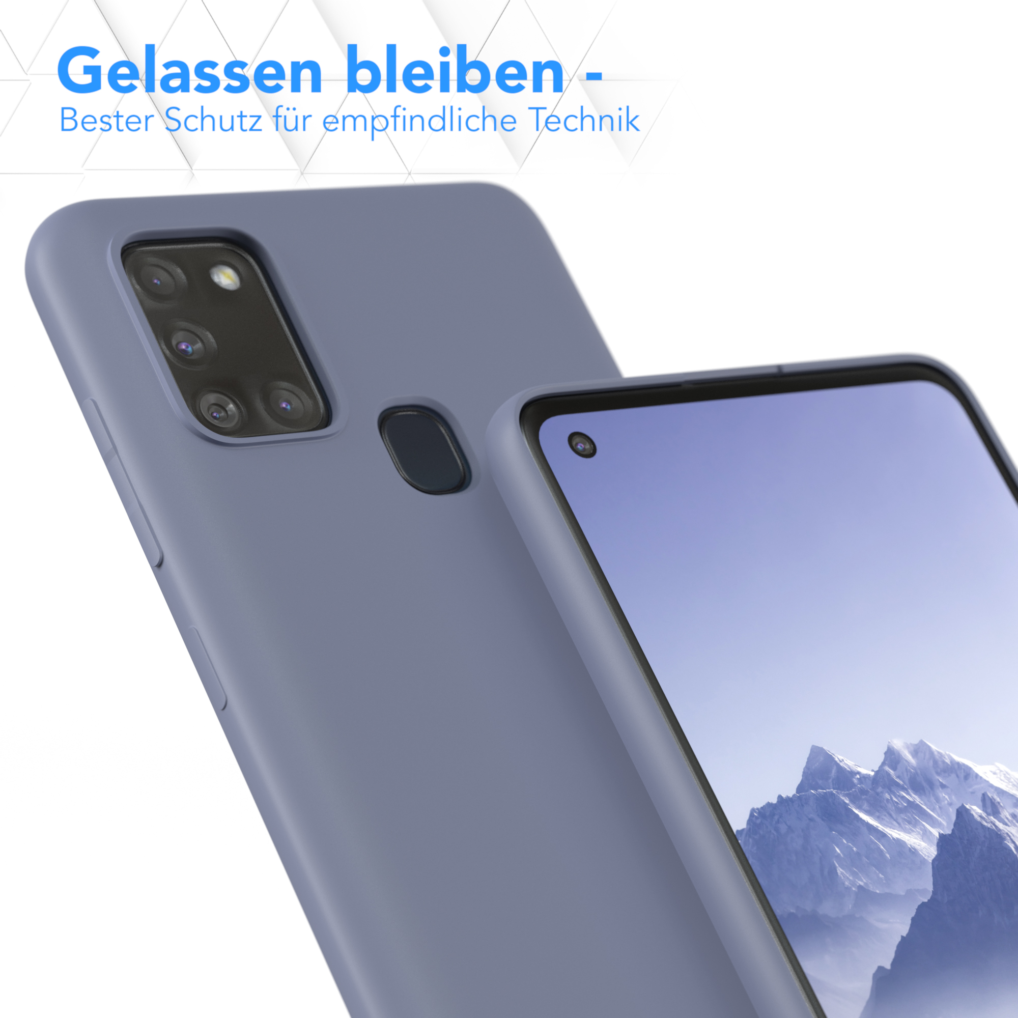 Nahaufnahme einer Handyhülle und eines Telefons, Text: Bester Schutz für Technologie.