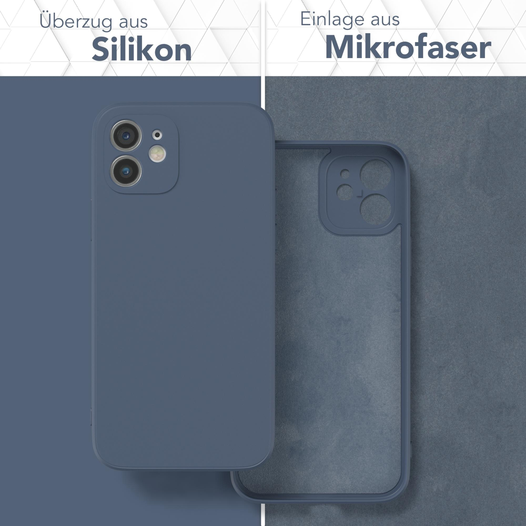 Zwei Handyhüllen, eine blaue, außen und Mikrofaser innen zeigend. Die Silikonhülle ist links.