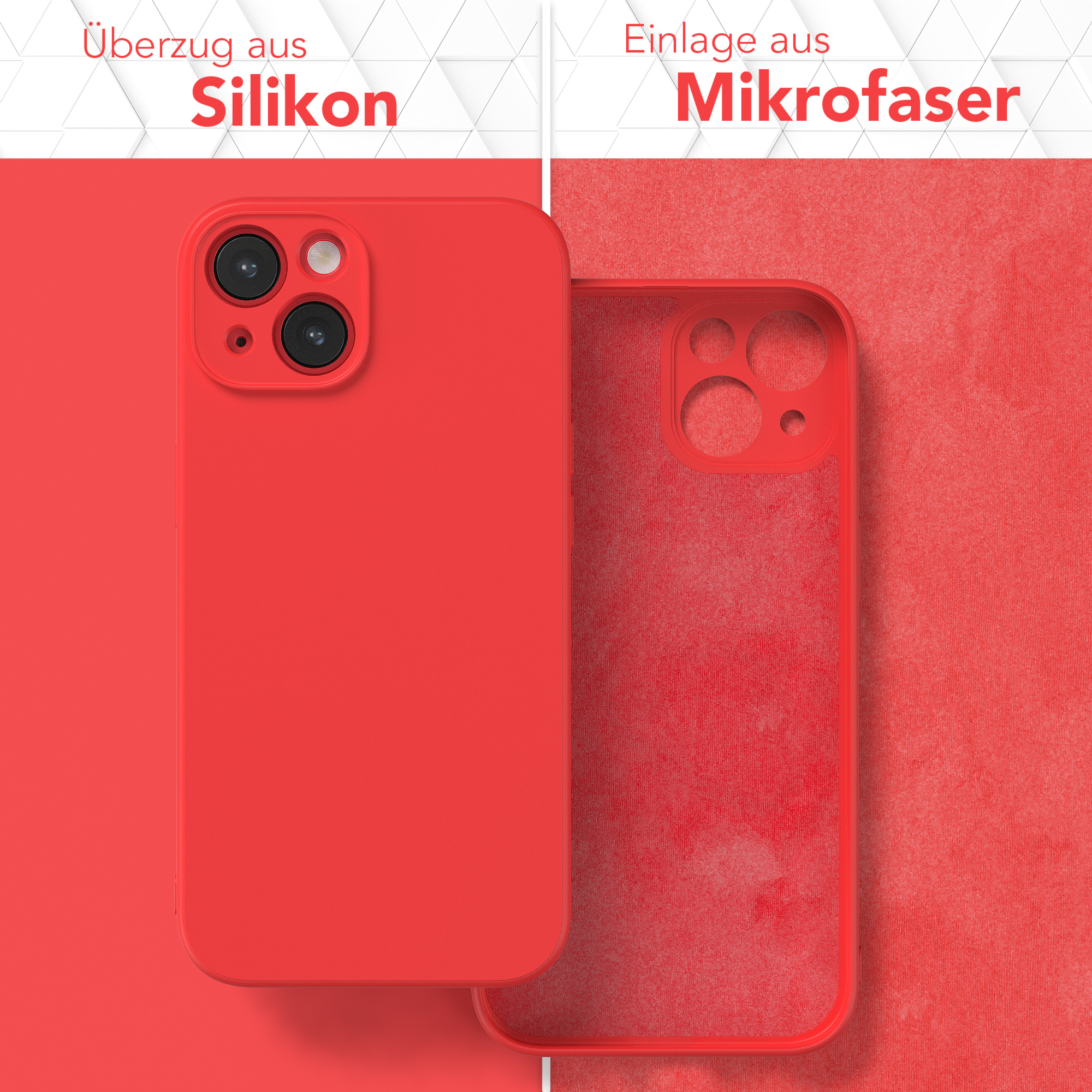 Rote Handyhülle und ihre Silikonhülle und Mikrofaser-Einsatz. Roter Hintergrund.
