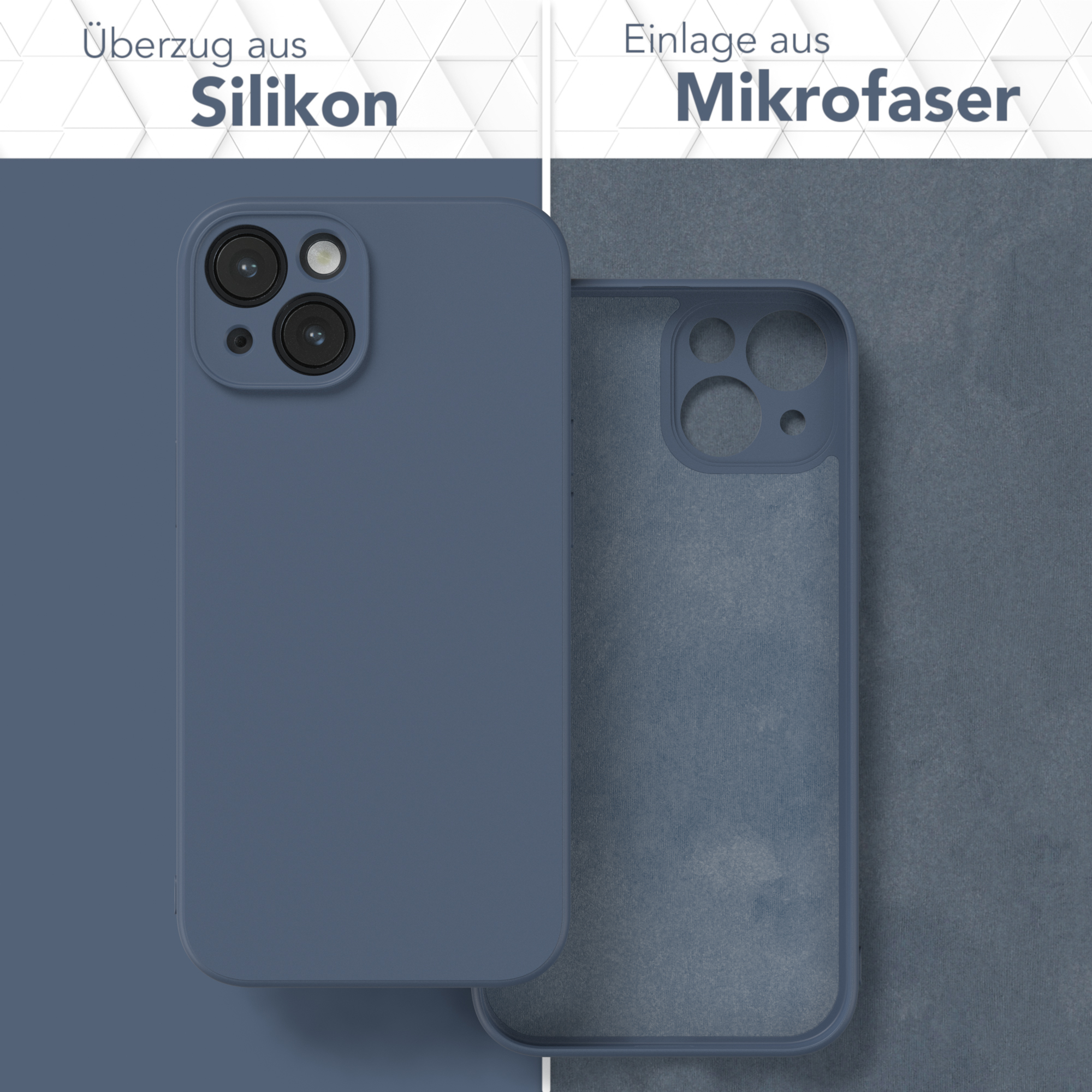 Eine blaue Handyhülle. Die äußere Hülle ist blau und die innere ist blaue Mikrofaser.