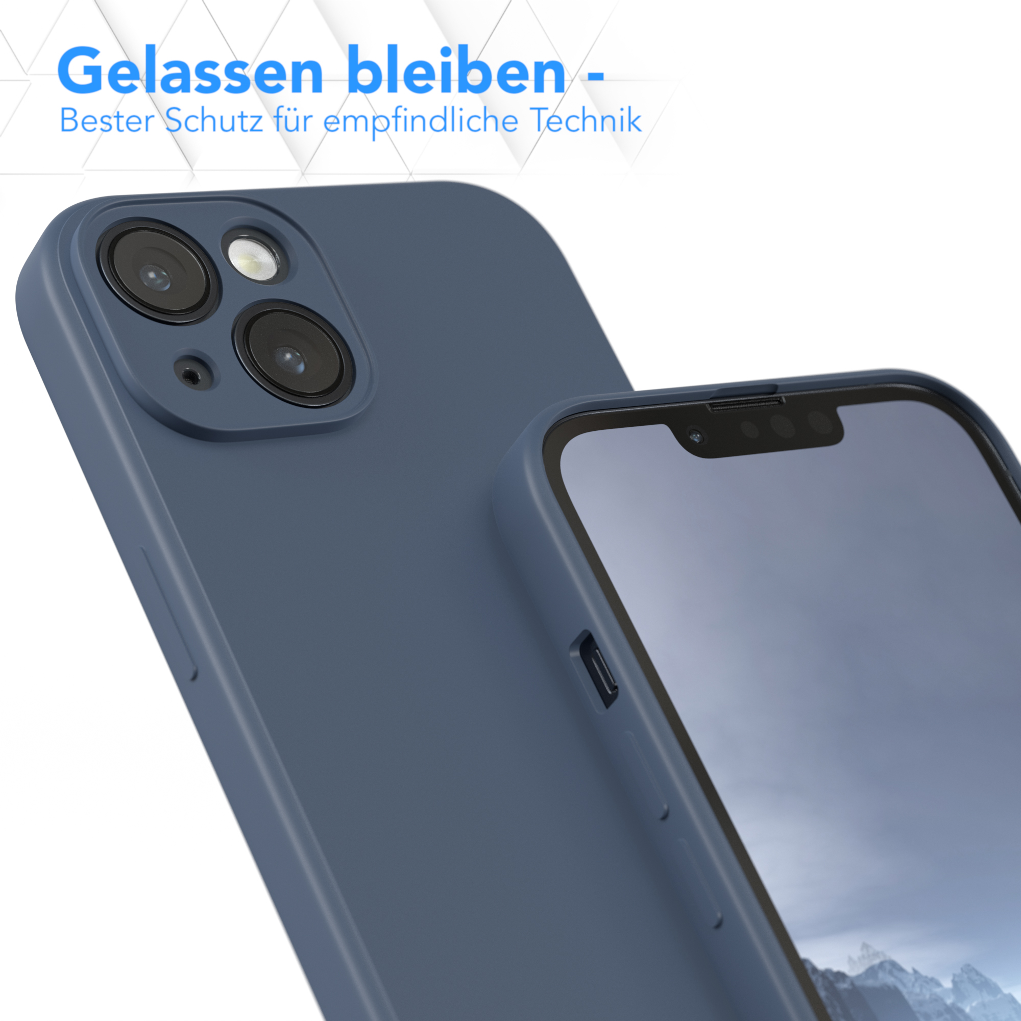 Blaue Smartphone-Hülle mit Kameralinsen, Nahaufnahme.