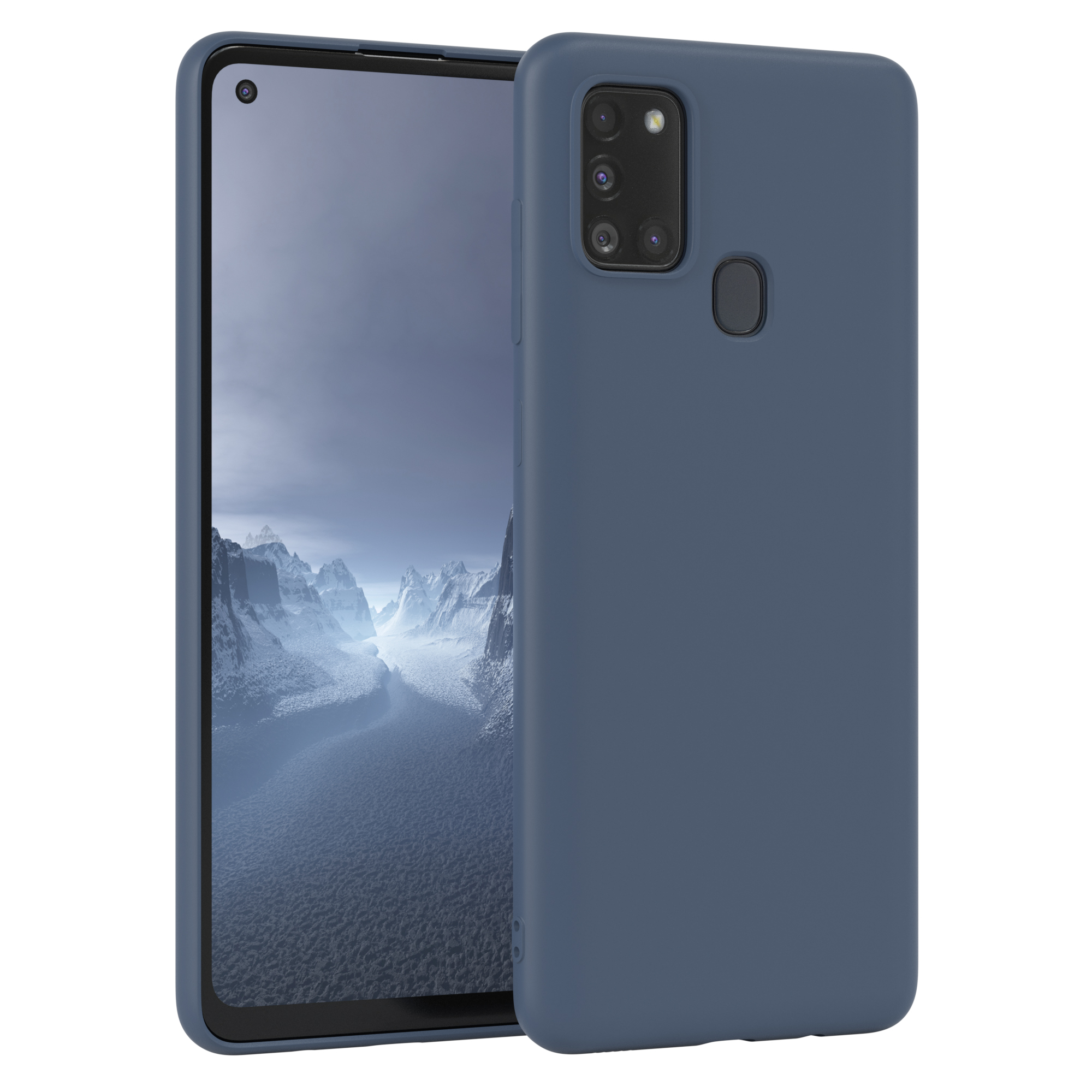 Ein blaues Telefon in einer Hülle neben seiner Abdeckung. Das Telefon hat mehrere Kameras auf der Rückseite.