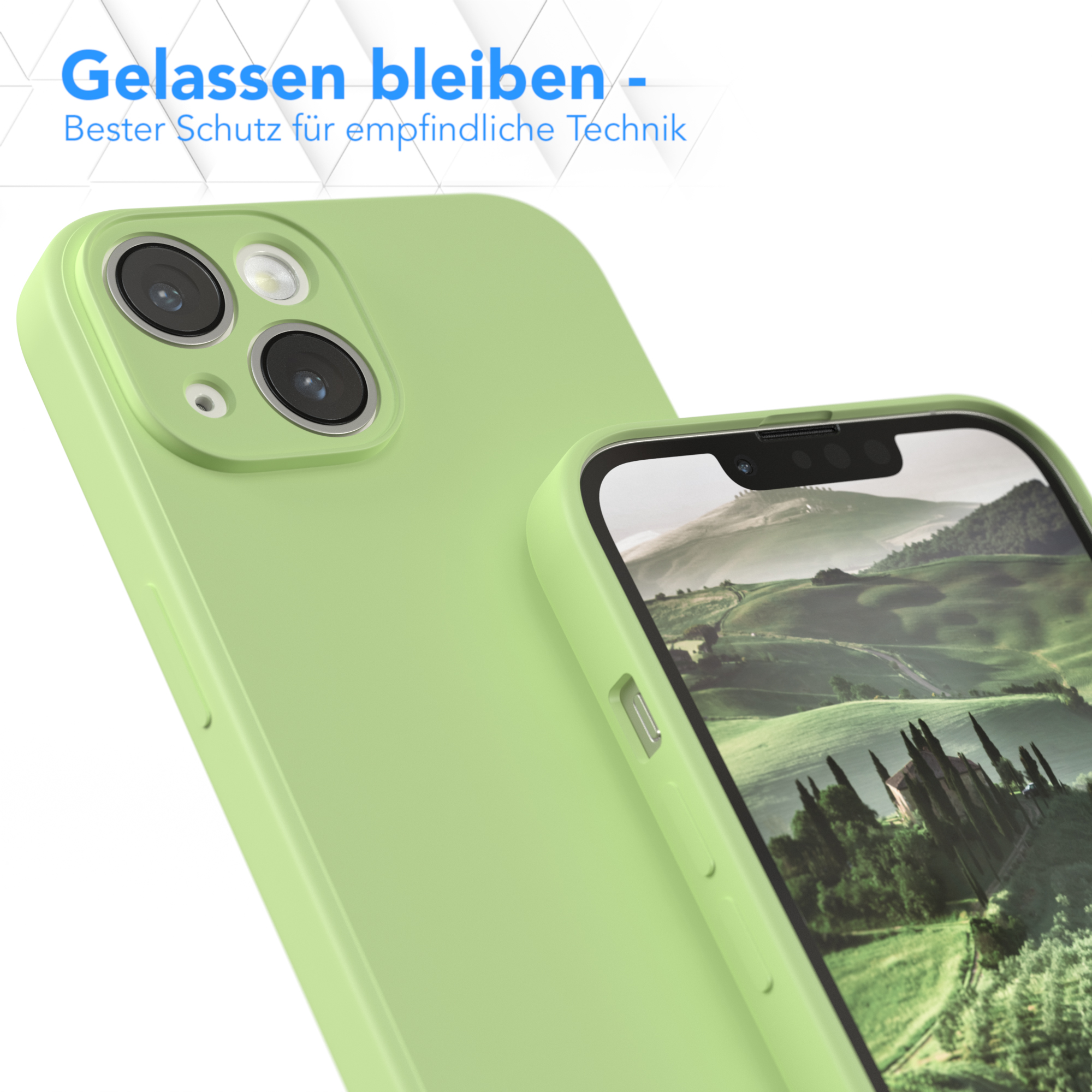 Grüne Handyhülle mit grünem Telefon. Das Telefon ist grün.