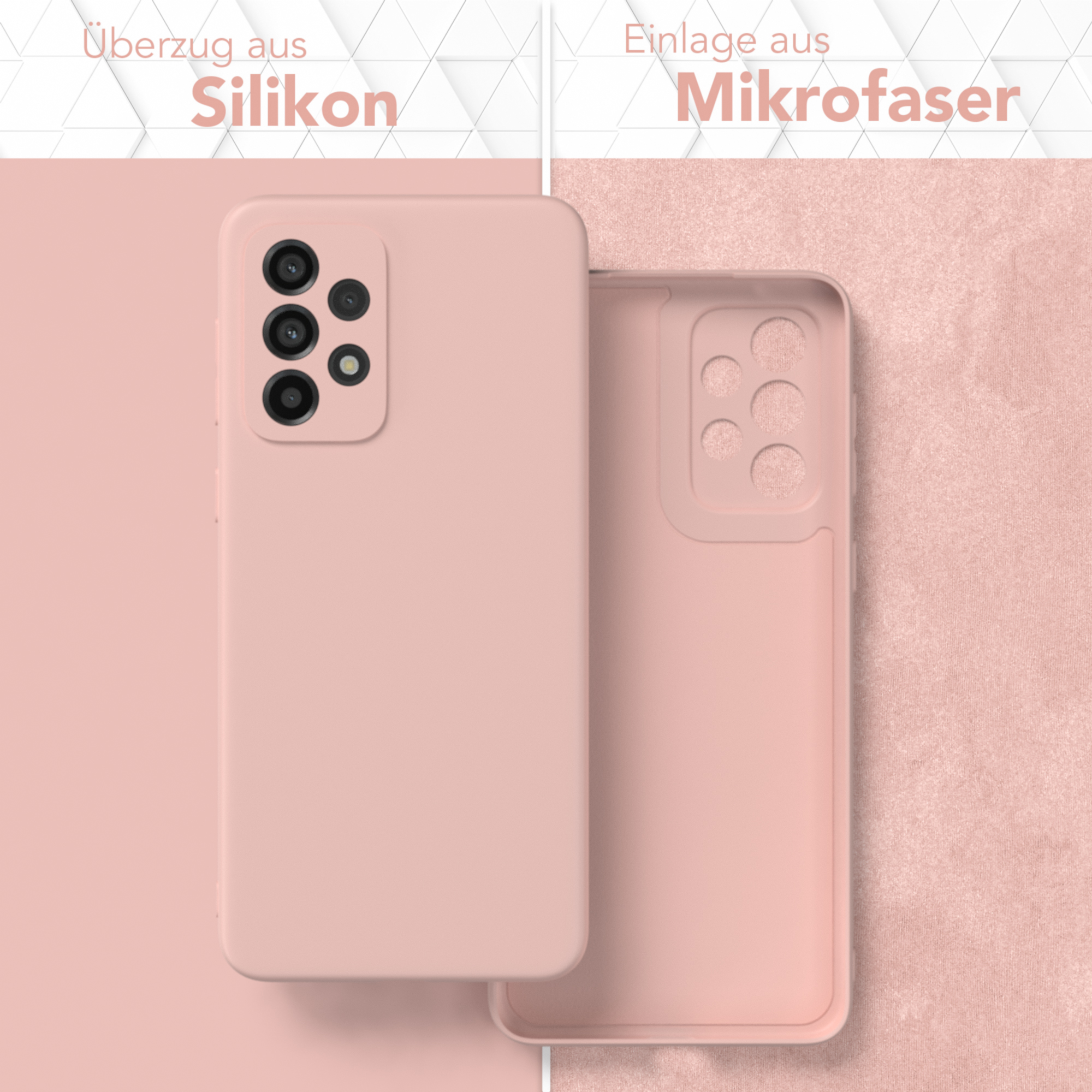 Rosa Handyhülle, zweiteilig. Eins mit Telefon, das andere mit der Innenseite.