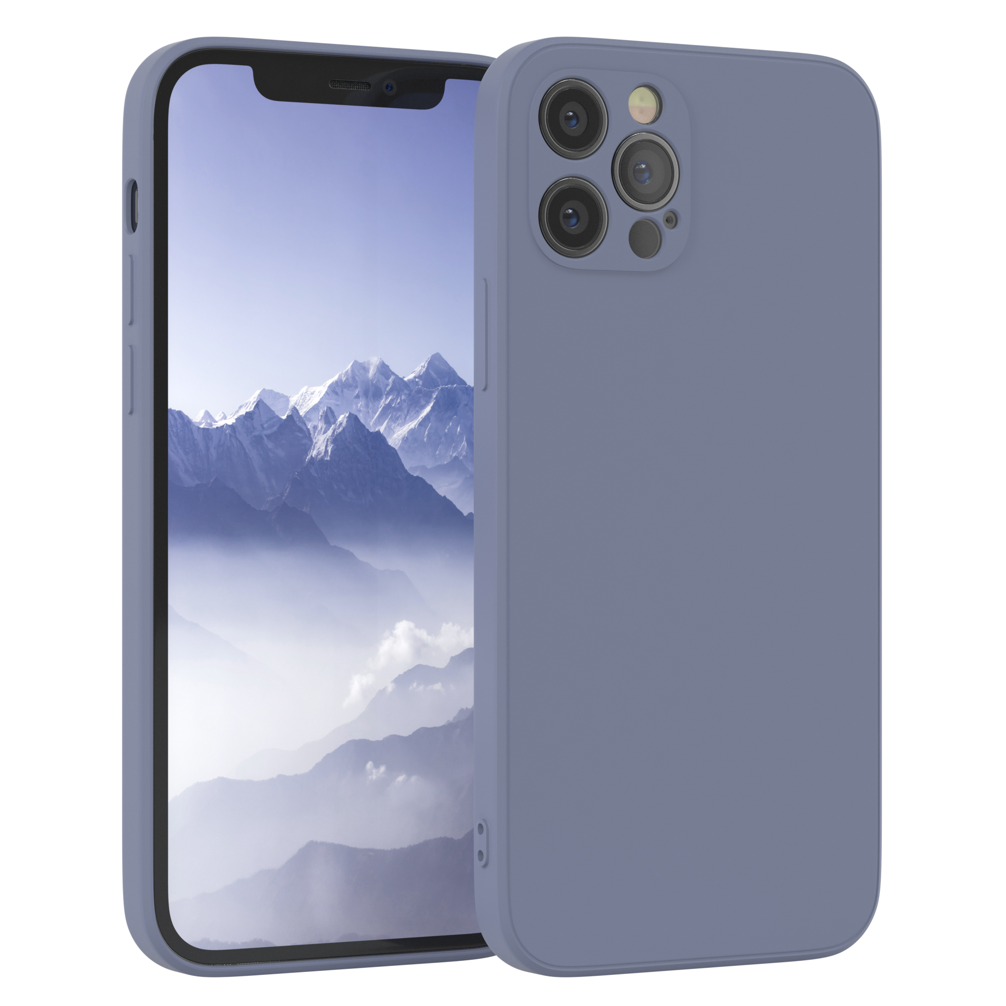 Blaue Handyhülle mit Telefon, vor weißem Hintergrund.
