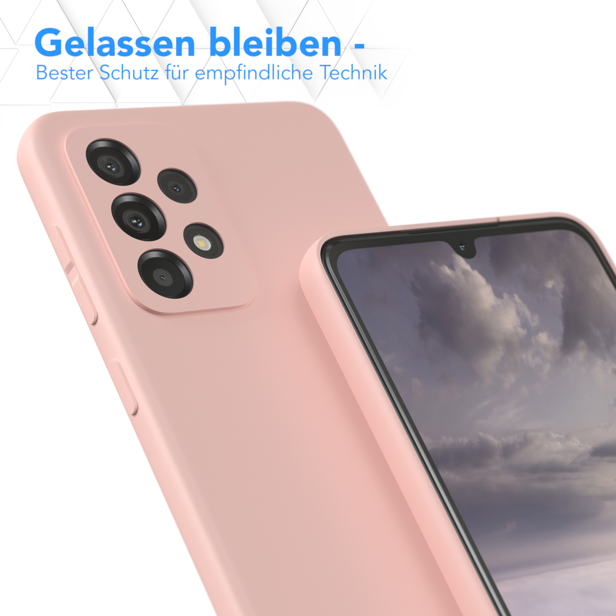 Rosa Handyhülle auf weißer Oberfläche. Die Hülle liegt neben einem Telefon mit Bildschirm.