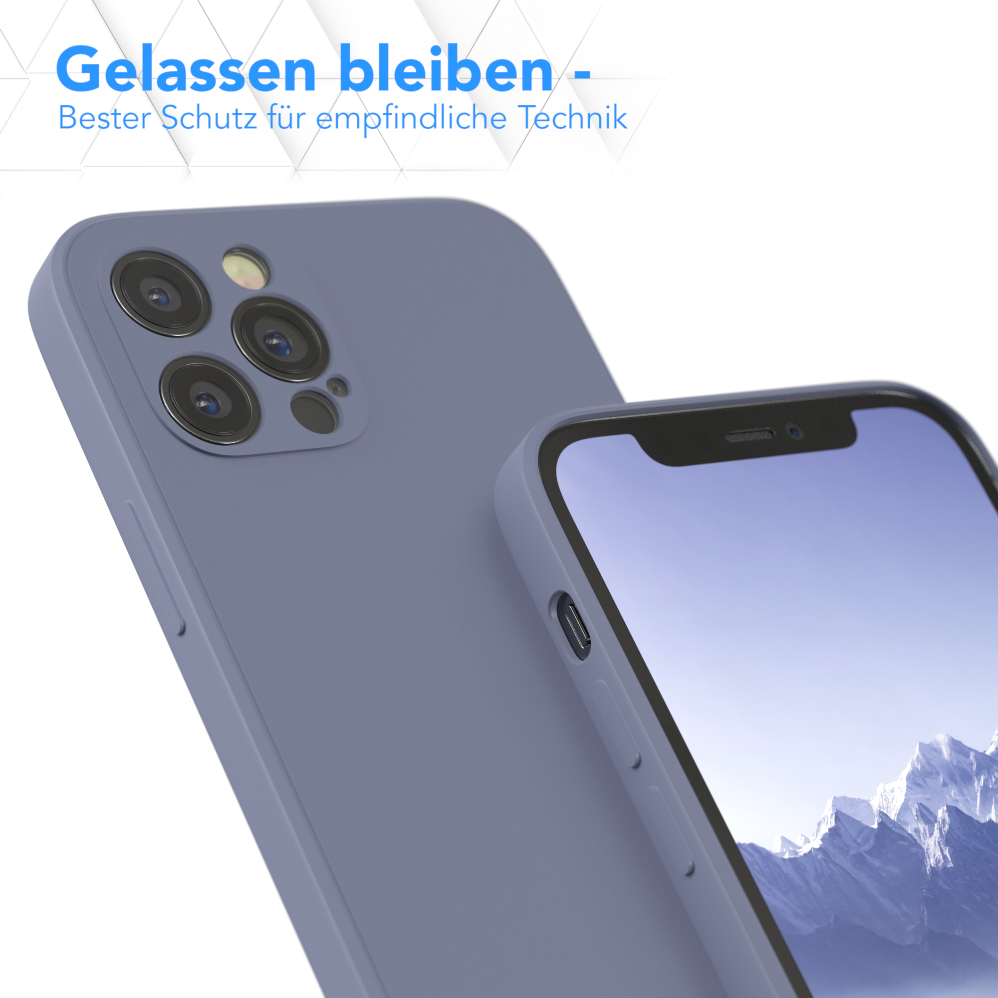 Blaue Handyhülle mit Telefon, Text oben, weißer Hintergrund.