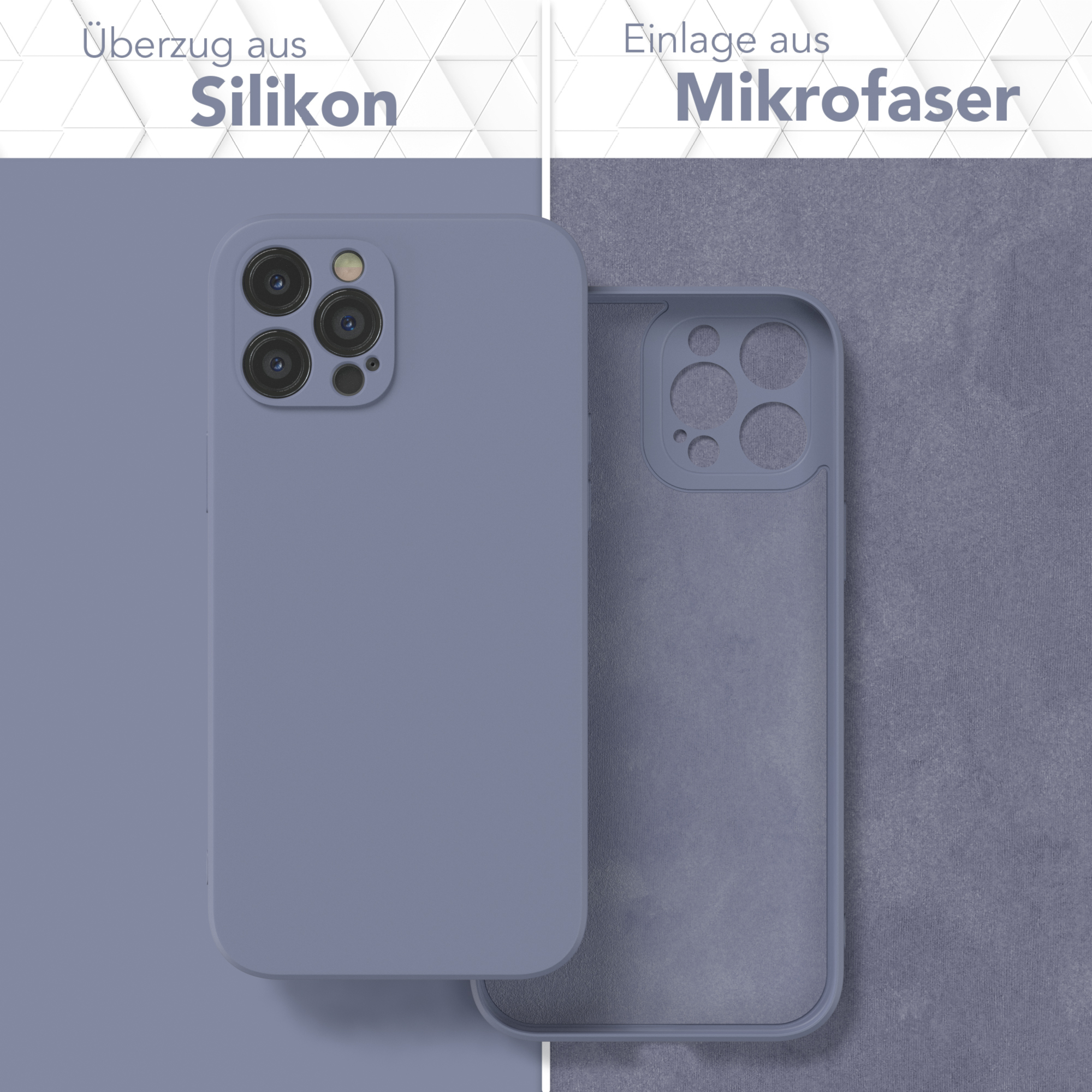 Blaues Handycase, mit passendem Mikrofaser-Innenraum. Text: 'Überzug aus Silikon'.