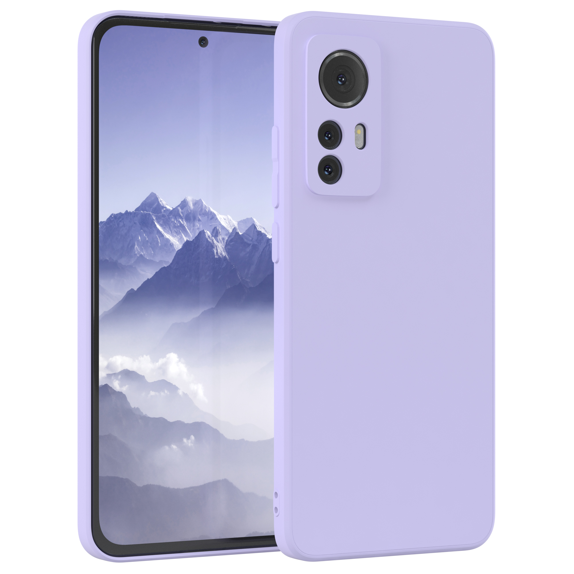 Ein helllila Telefon mit passender Hülle, mit Bergen im Hintergrund.