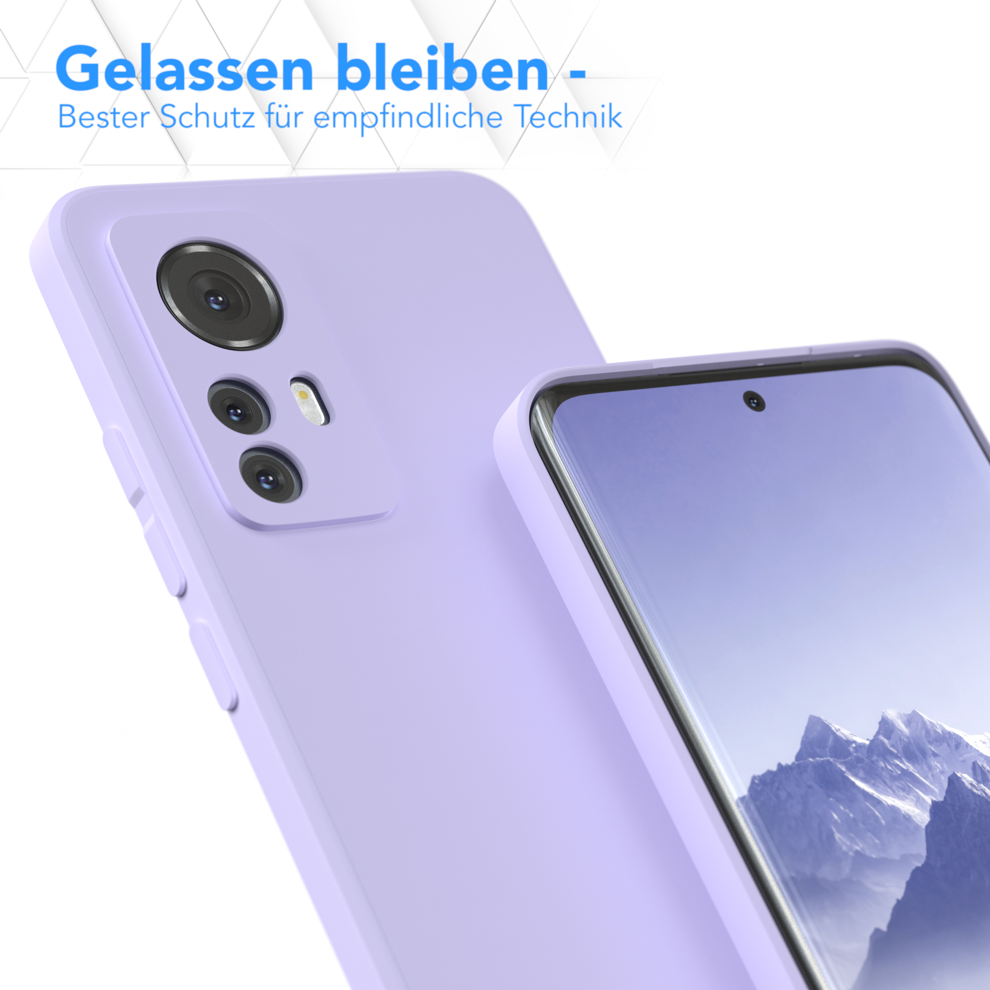 Lila Handyhülle mit Telefon, mit hellem Hintergrund.