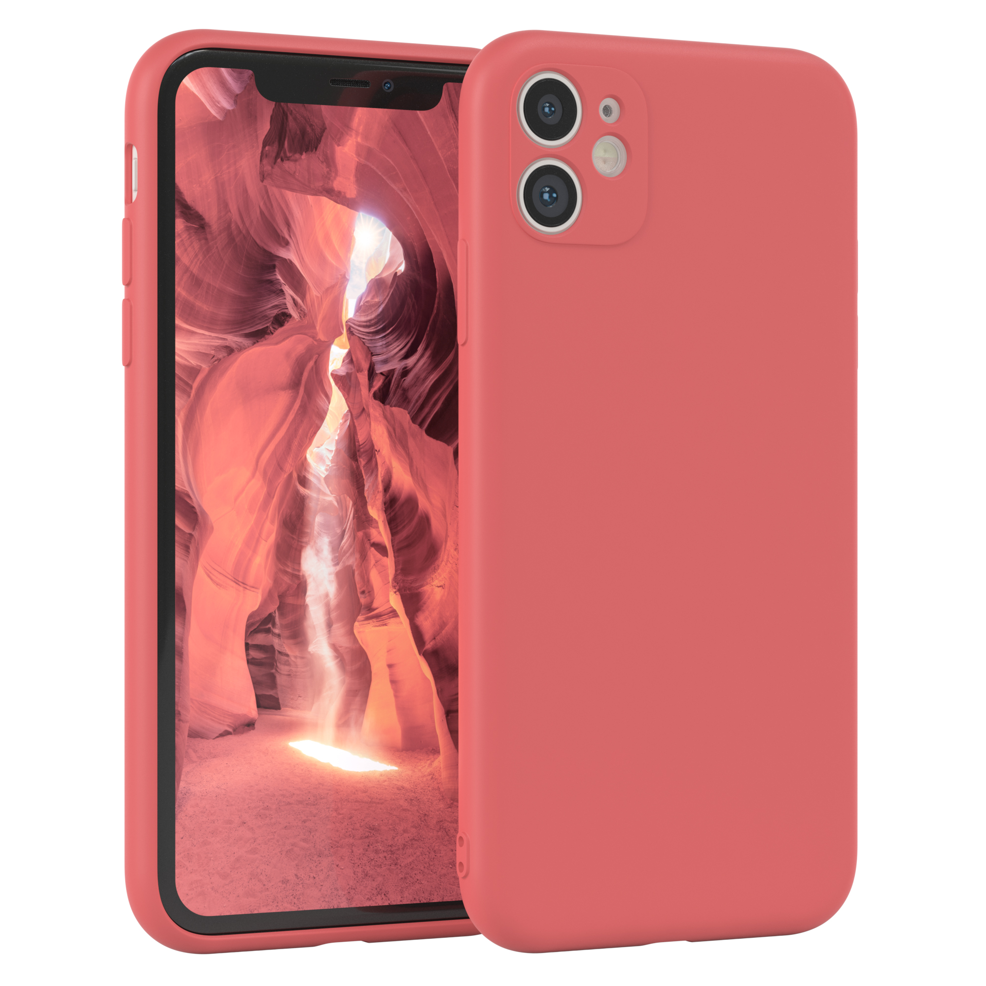 Zwei korallenfarbene Smartphones mit Hüllen; eines zeigt ein Canyon-Bild, das andere hat eine Kamerawölbung.