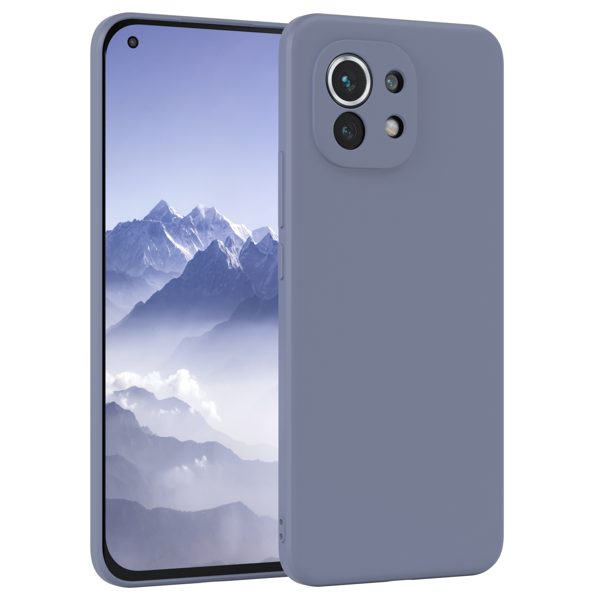 Zwei Telefone in blauen Hüllen. Eines zeigt ein Landschaftsbild, das andere die Rückseite mit Kameraobjektiven.