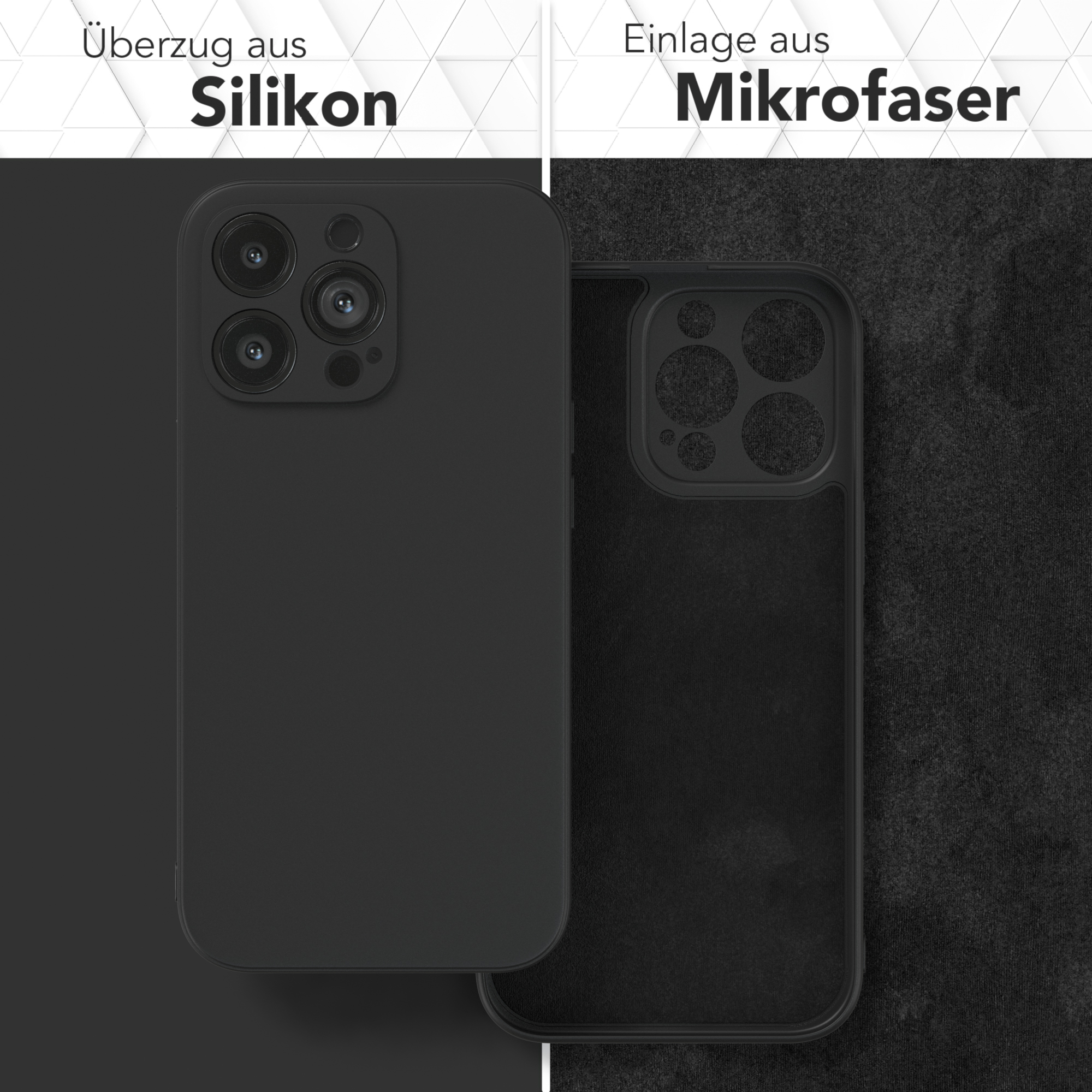 Schwarze Handyhülle aus Silikon auf einer Seite und Mikrofaser auf der anderen, zeigt ein Handy.