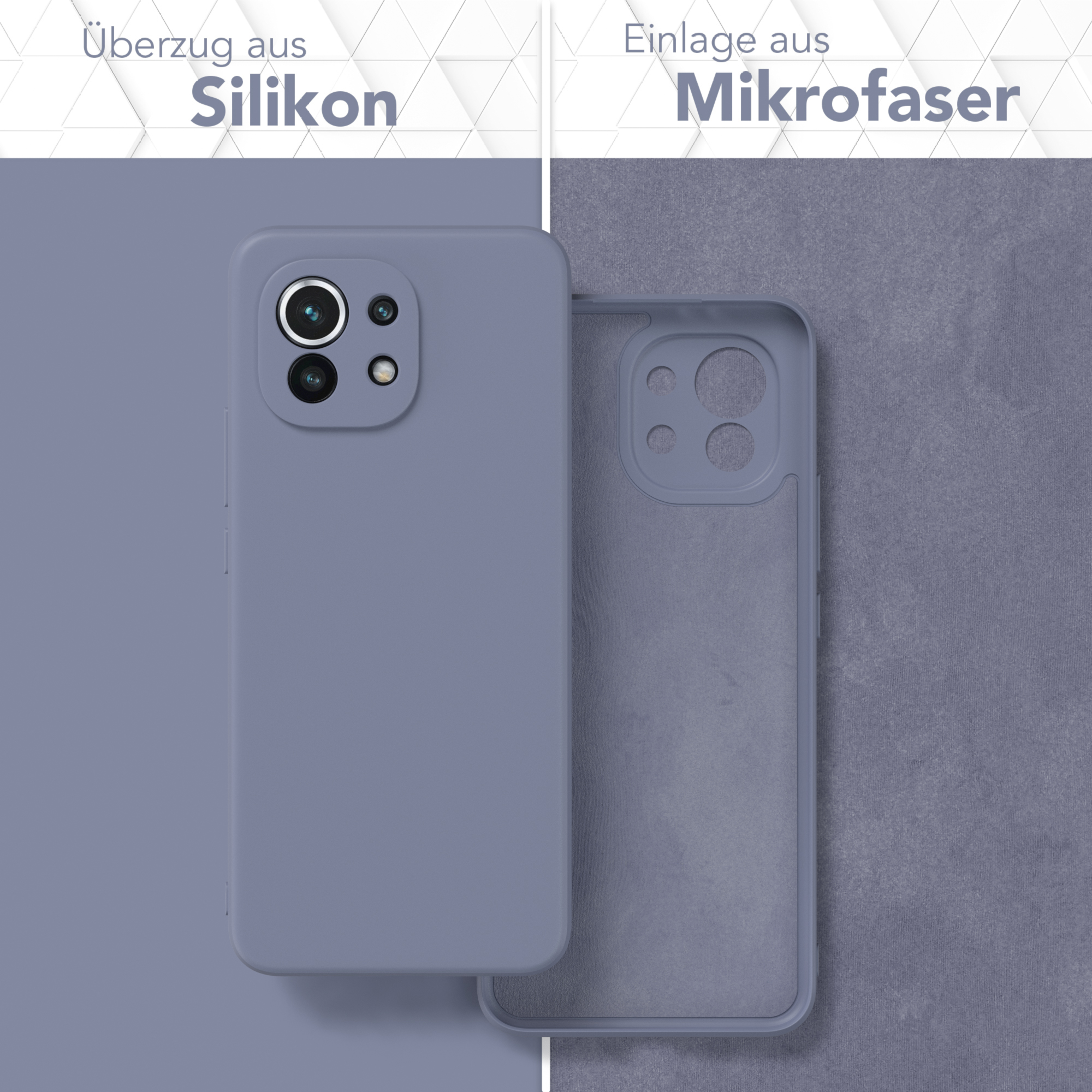 Lila Handyhülle mit einem Telefon, das einen geteilten Bildschirm zeigt, und Text.
