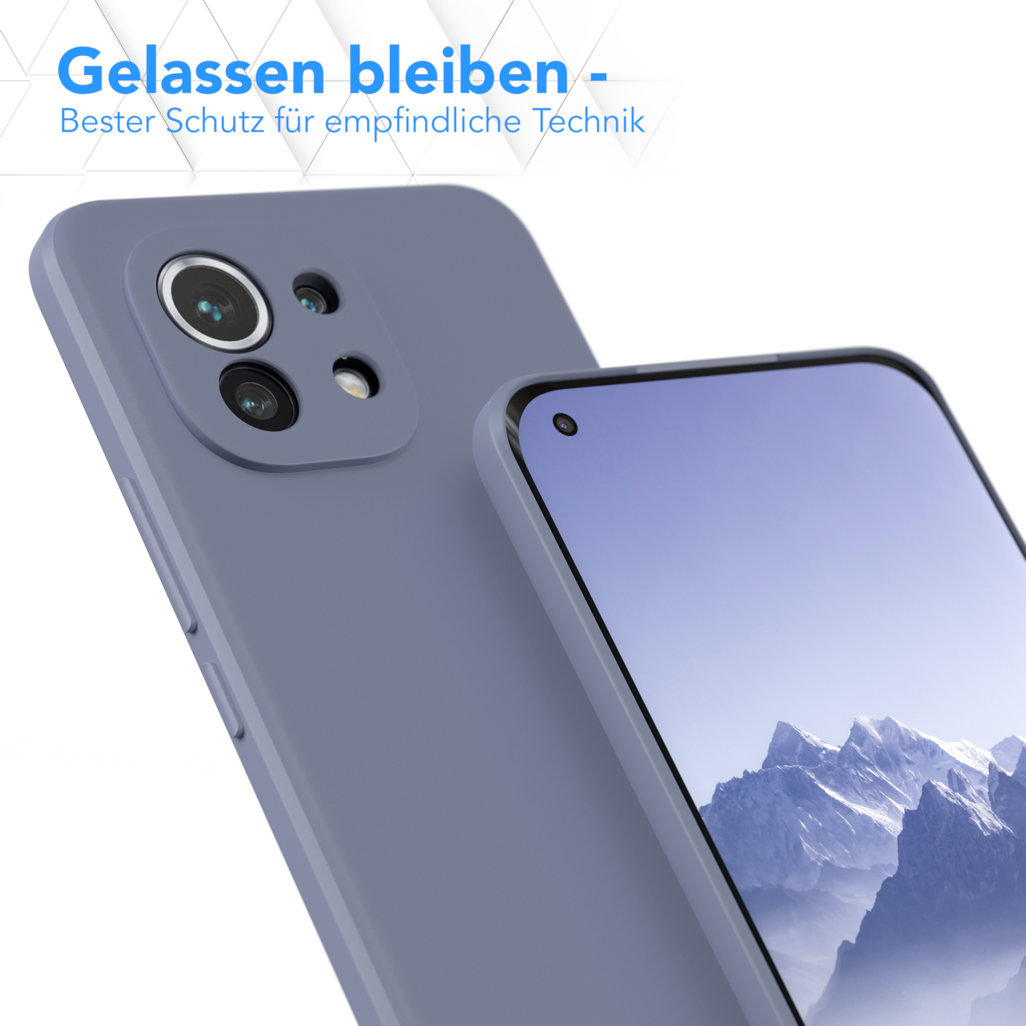 Lila Handyhülle und Telefon, Rückansicht, Text oben, weißer Hintergrund.