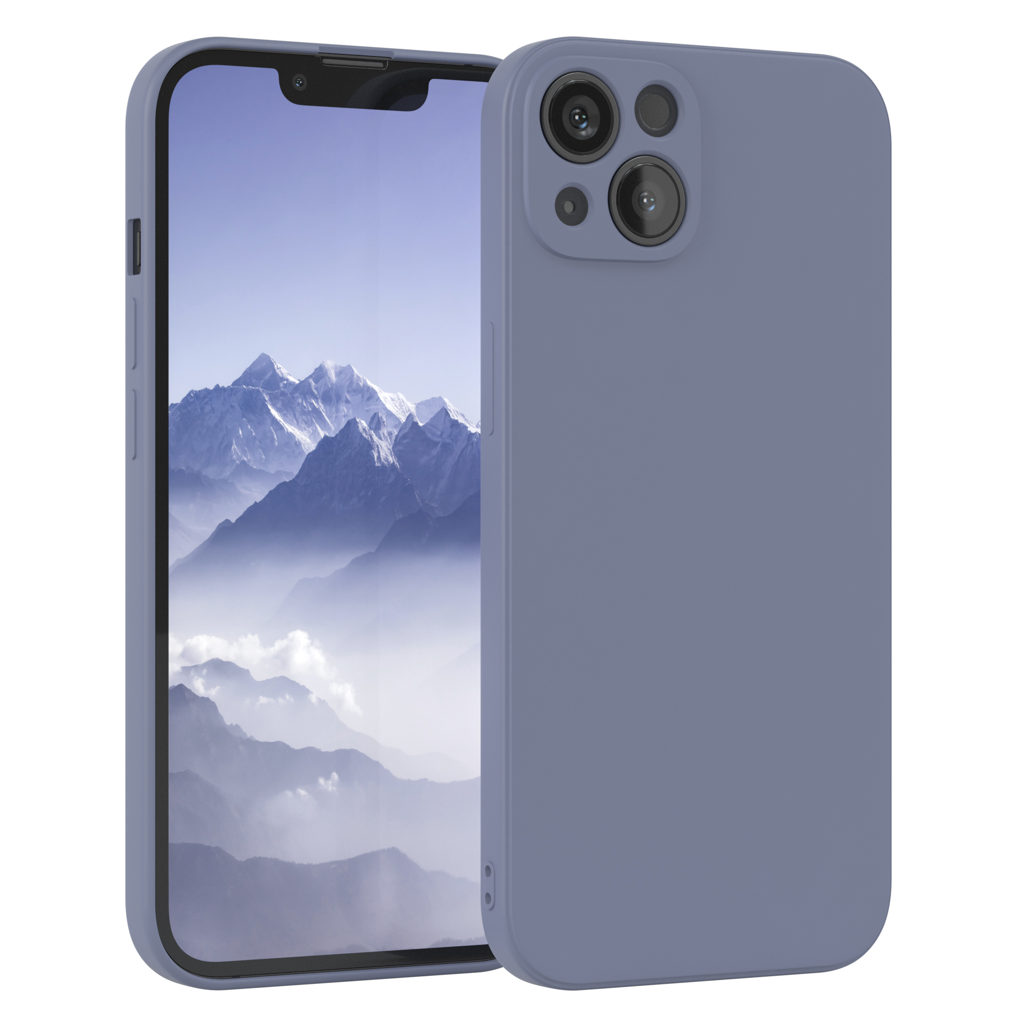 Blaue Handyhülle auf einem Telefon. Der Hintergrund ist weiß.