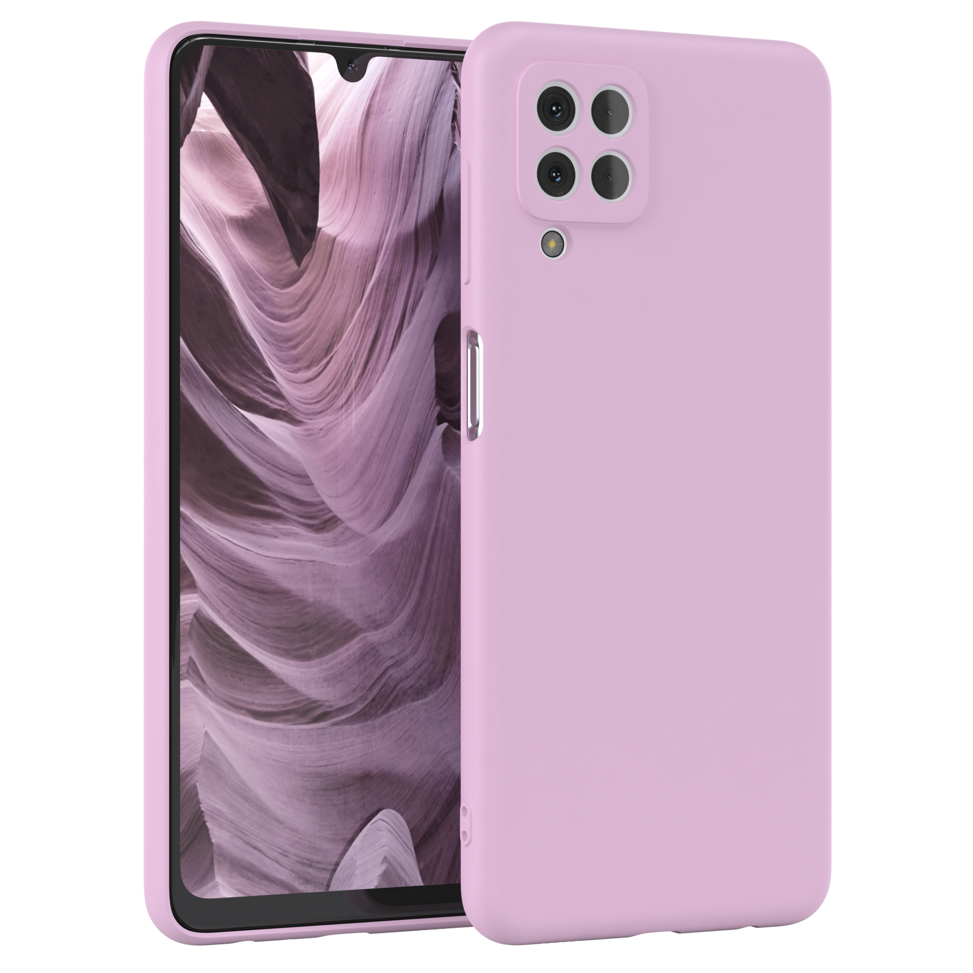 Hellviolette Handyhülle mit Handy. Der Bildschirm zeigt eine wellenförmige, hellfarbige Felsformation.