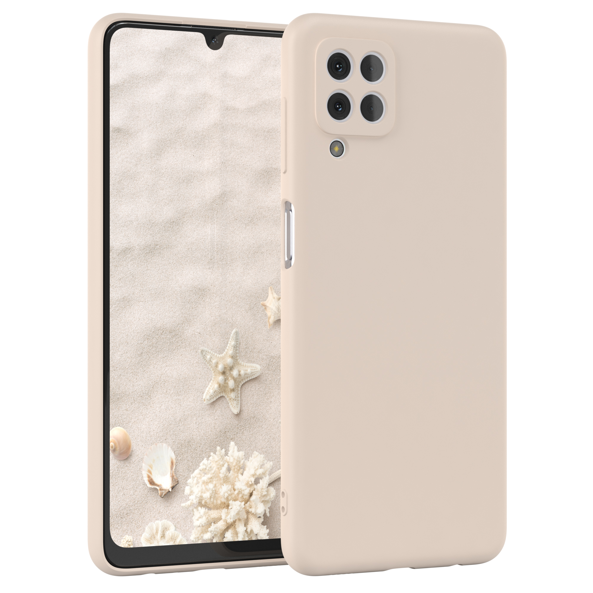 Beige Handyhülle mit Handy links. Weißer Hintergrund. Das Handy hat Kameras.