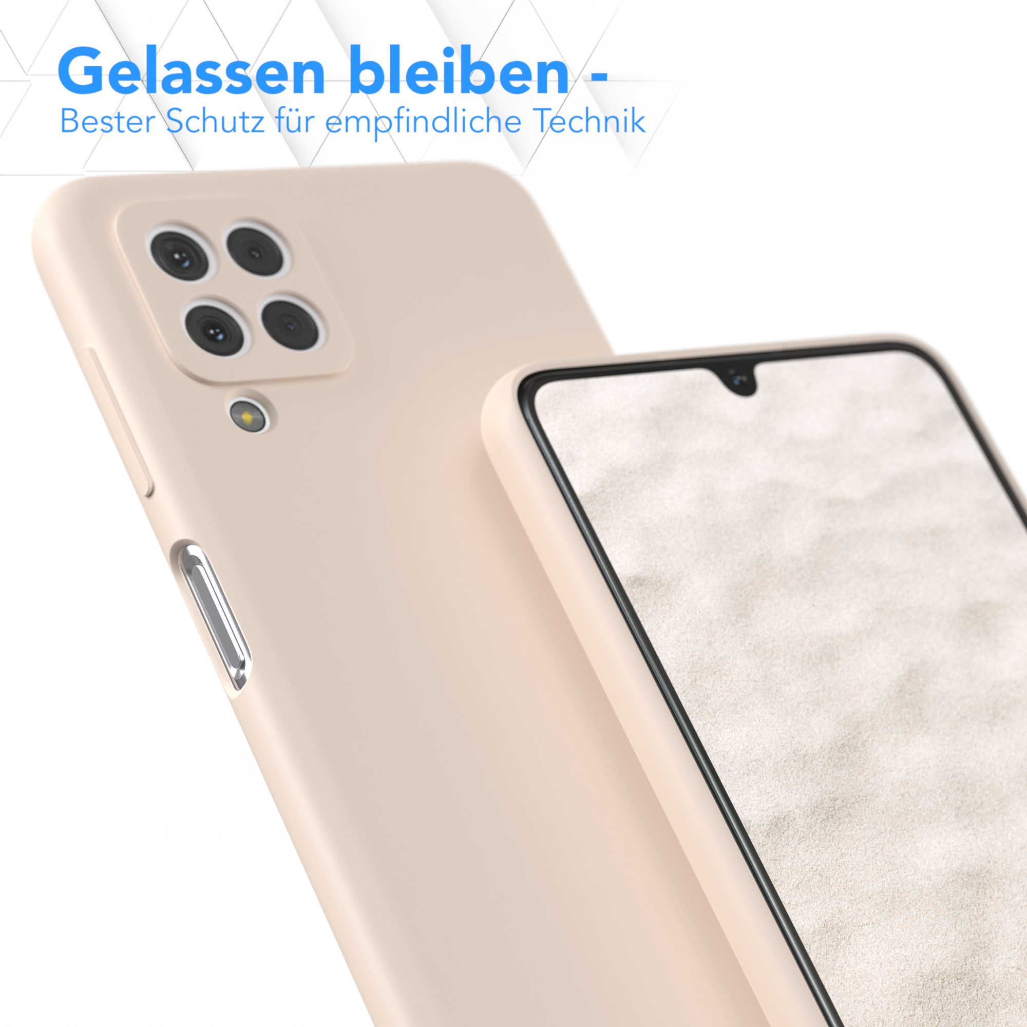 Beige Handyhülle mit Telefon. Der Hintergrund zeigt ein unscharfes Bild.