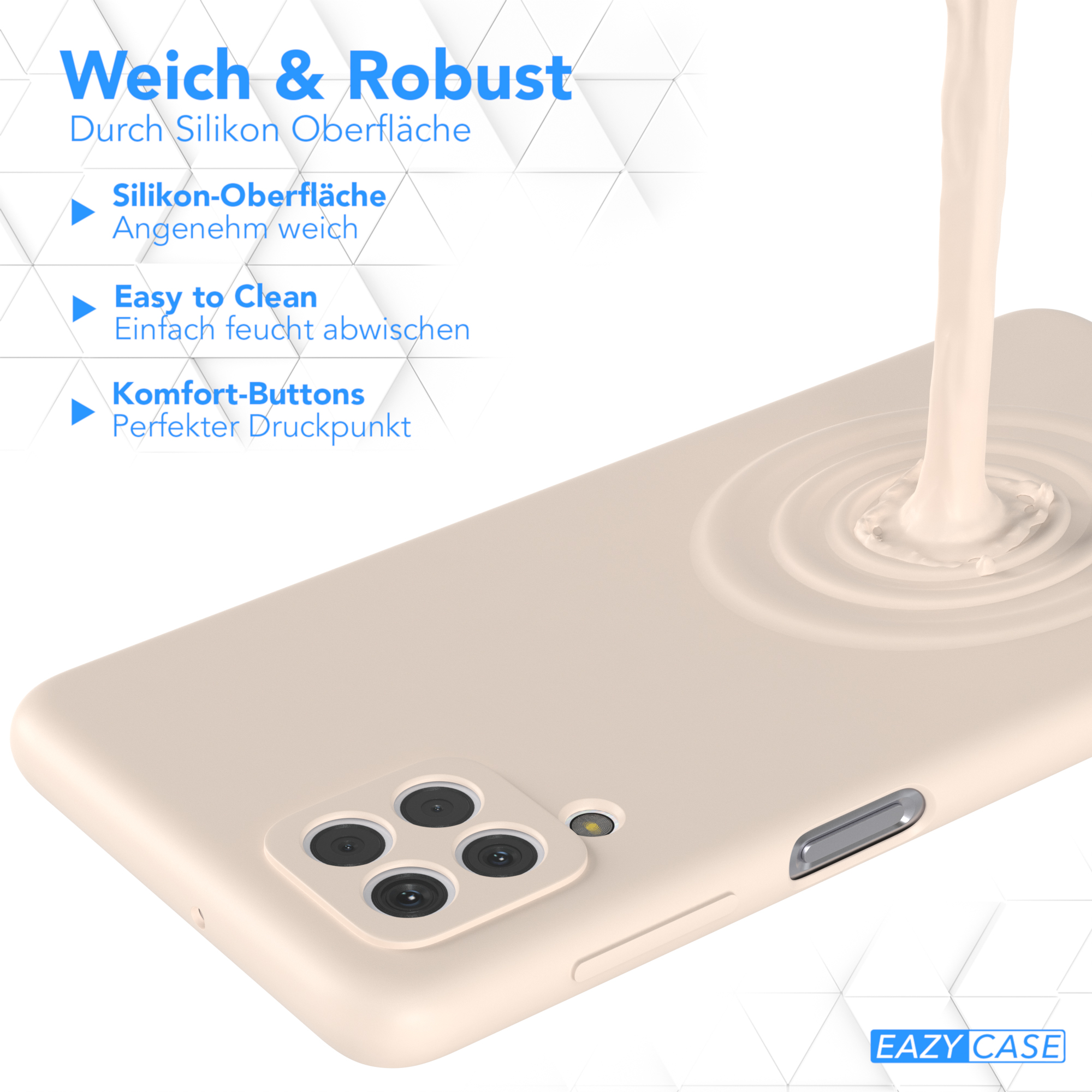 Beige Handyhülle mit beiger Flüssigkeit. Text: Silikonoberfläche, leicht zu reinigen, Komfort-Tasten. Weißer Hintergrund.