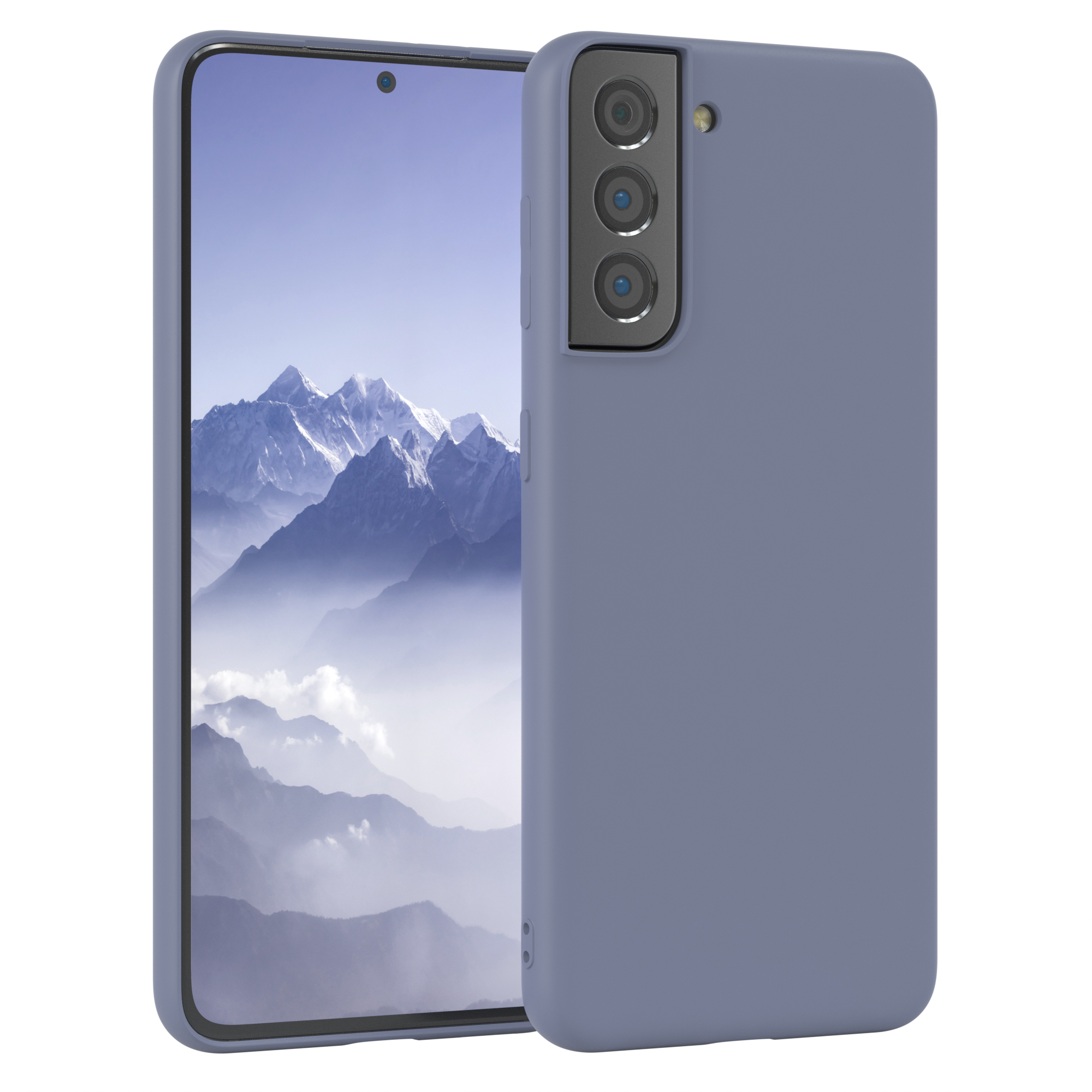 Blaues Telefon und Hülle. Berglandschaft auf dem Bildschirm. Die Hülle hat Kameraaussparungen.
