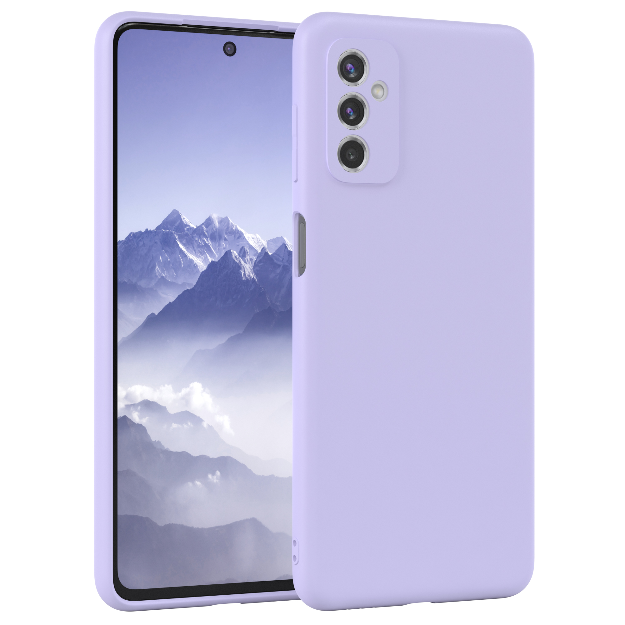 Lila Smartphone mit drei Kameras. Der Bildschirm zeigt einen Startbildschirm mit Apps.