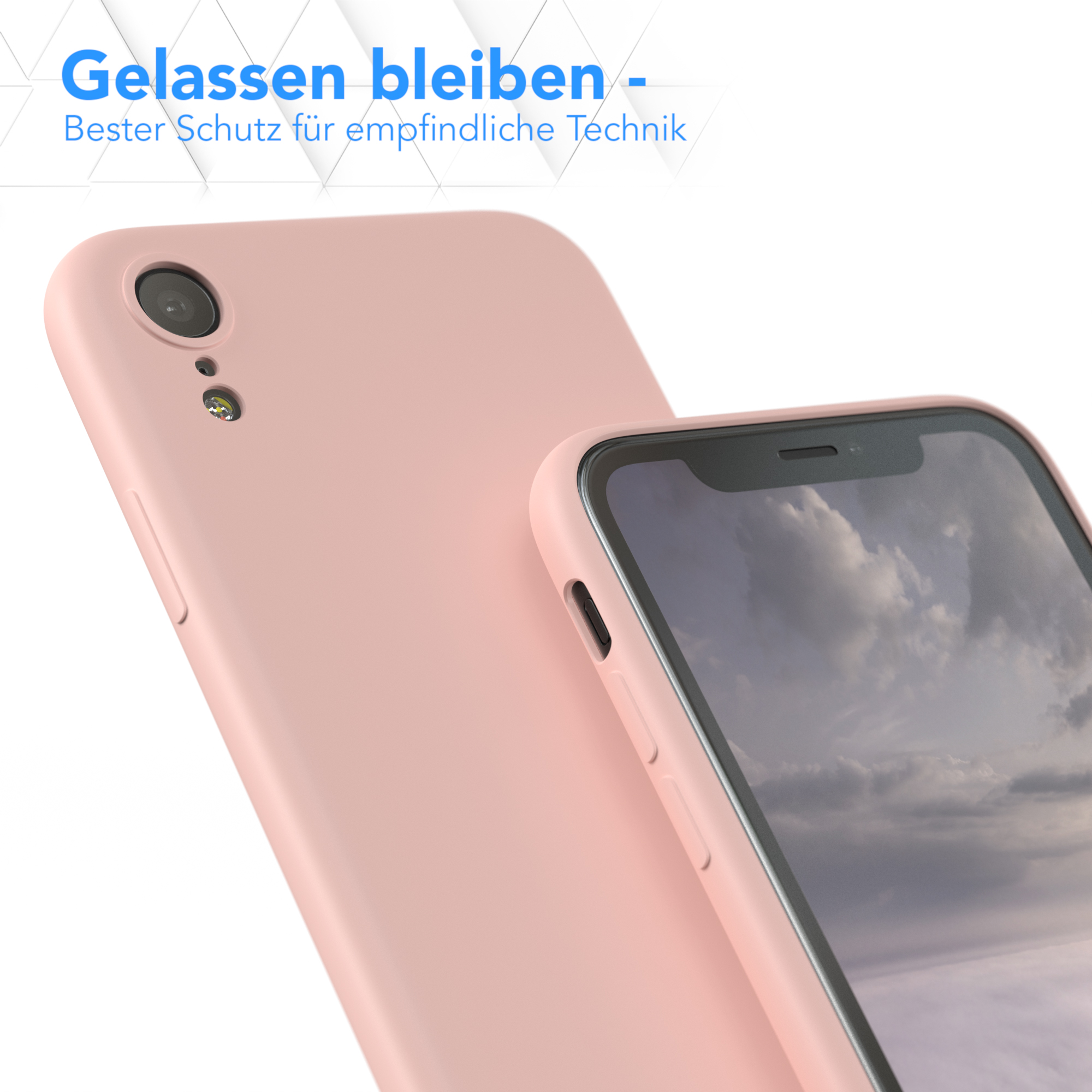 Rosa Handyhülle mit Telefon, mit hellem Hintergrund.