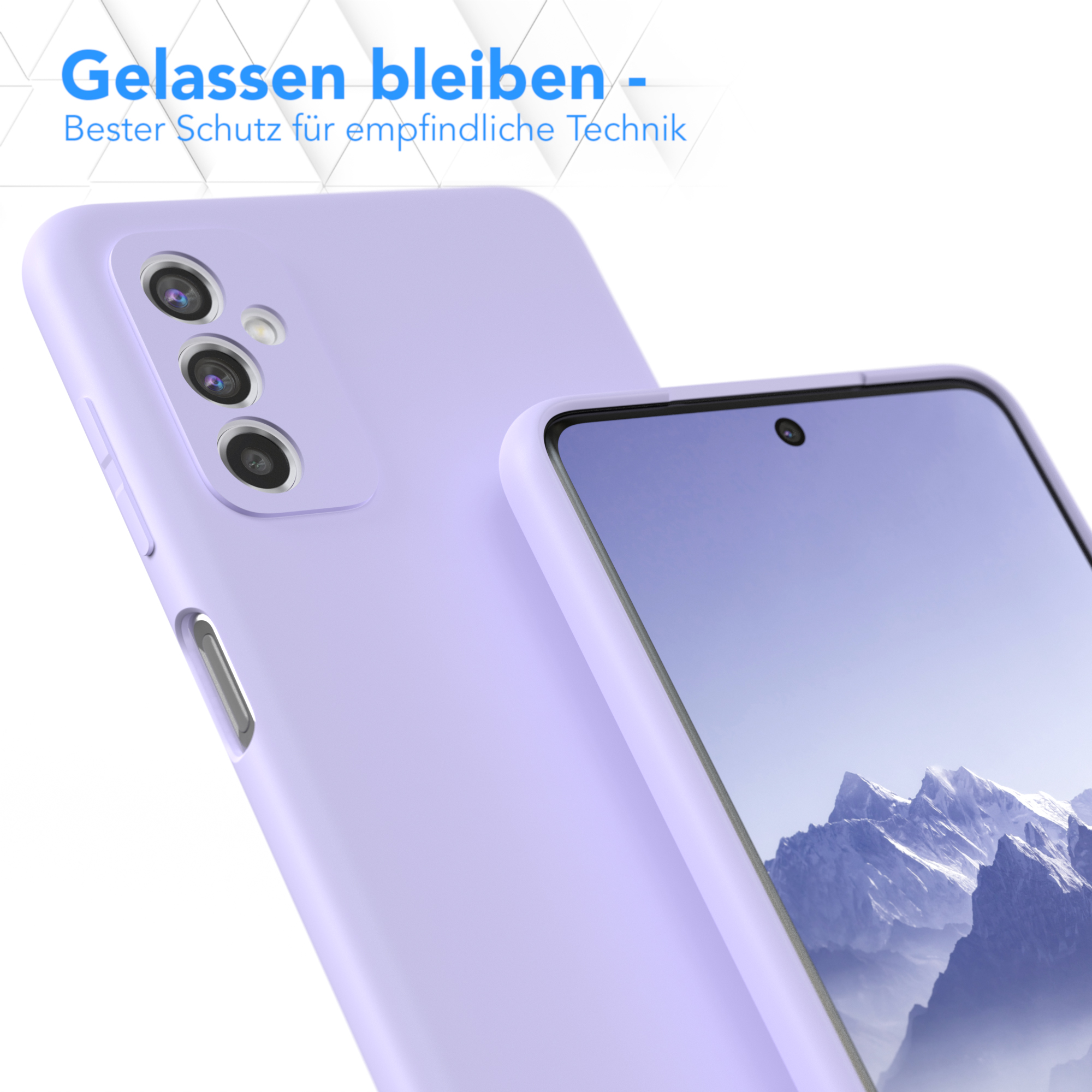 Ein lila Telefon und eine Hülle werden gezeigt. Das Telefon befindet sich in der Hülle, die andere Hülle ist leer und offen.