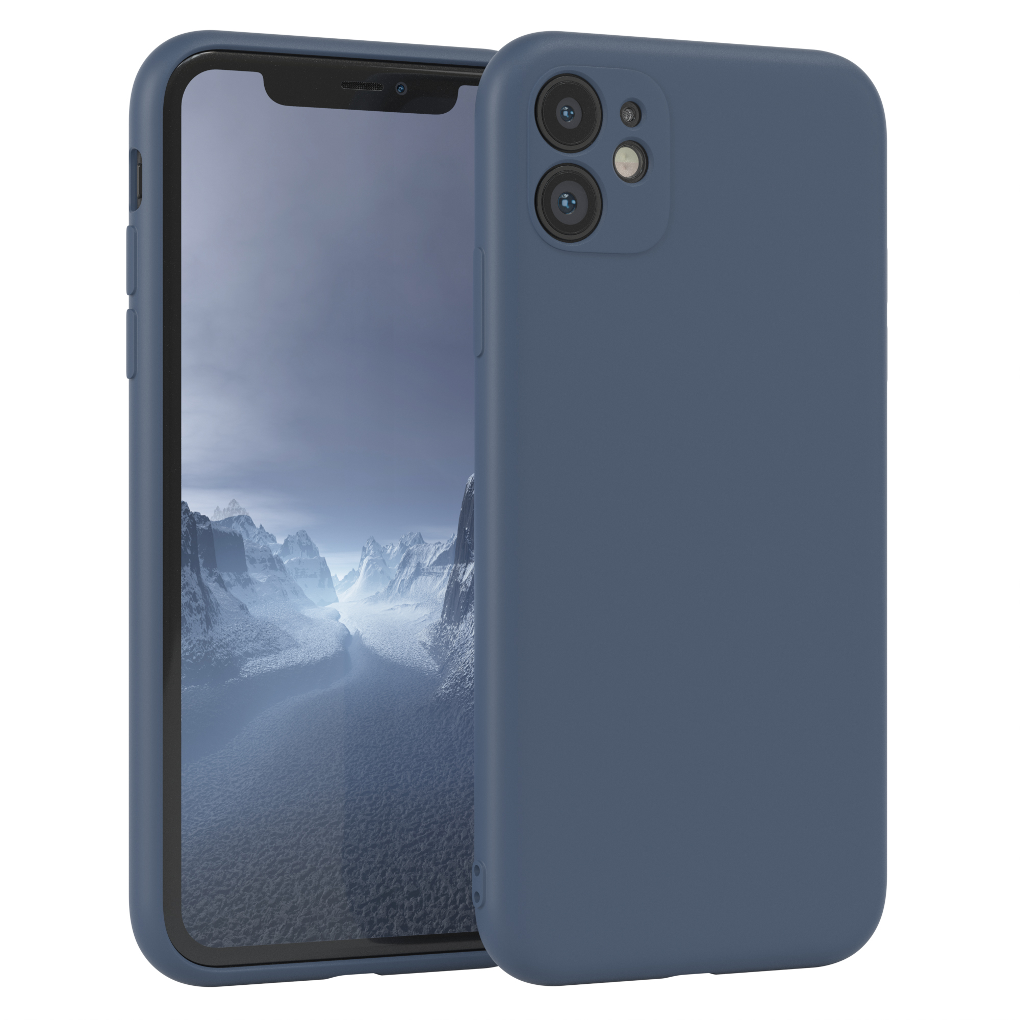 Blaue Handyhülle mit Handy darin. Telefon hat zwei Kameralinsen.