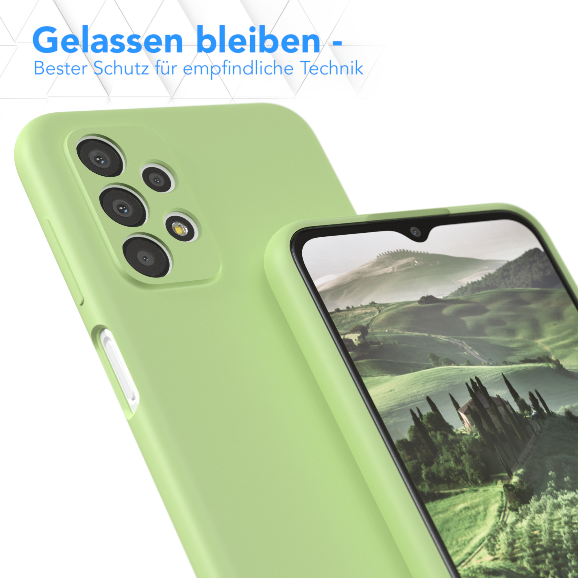 Grüne Handyhülle mit Telefon. Text: 'Gelassen bleiben', das Telefon zeigt Landschaft.