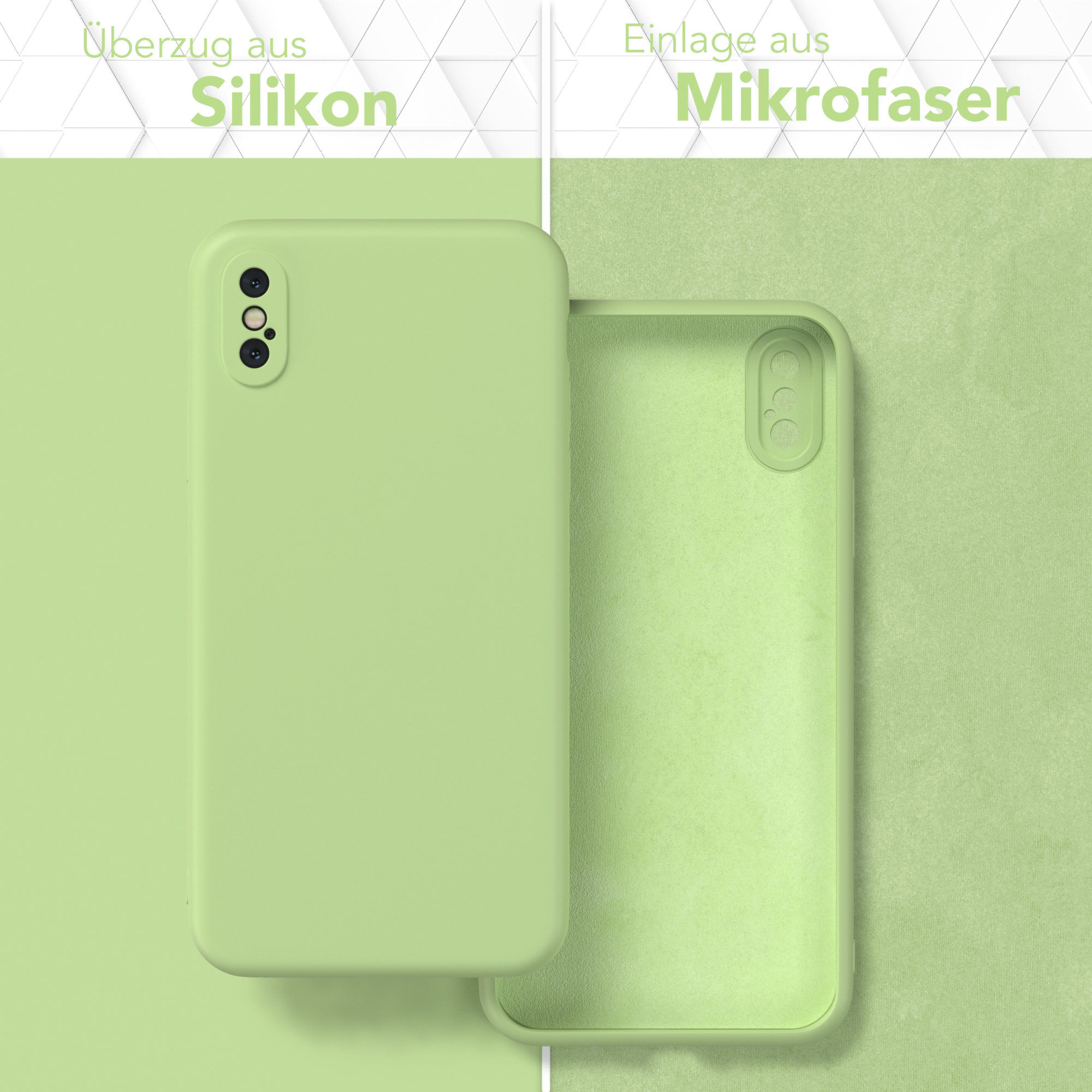 Hellgrünes Handycase und passender Innenraum. Text: 'Überzug aus Silikon', 'Einlage aus Mikrofaser'.
