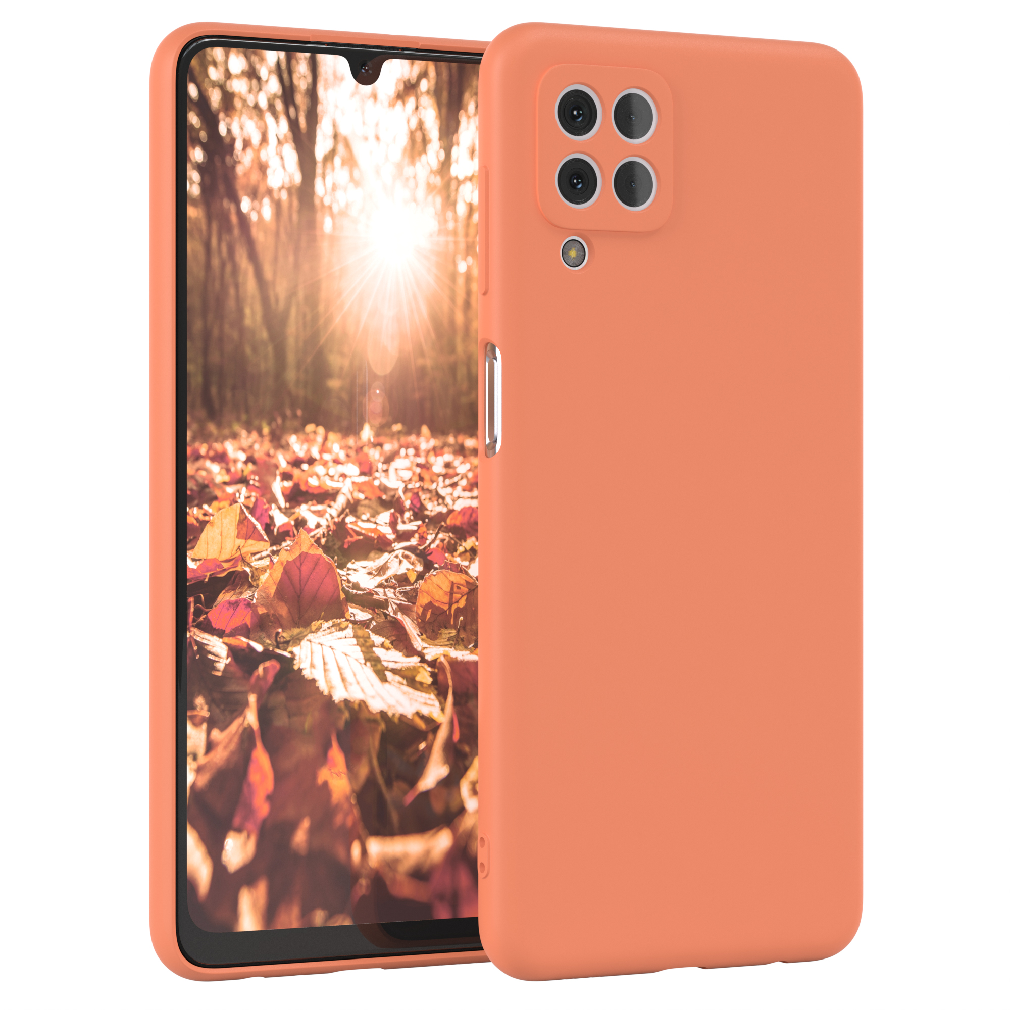Oranges Telefon in einer Hülle, Bildschirm zeigt eine Herbstszene. Die Hülle ist offen.