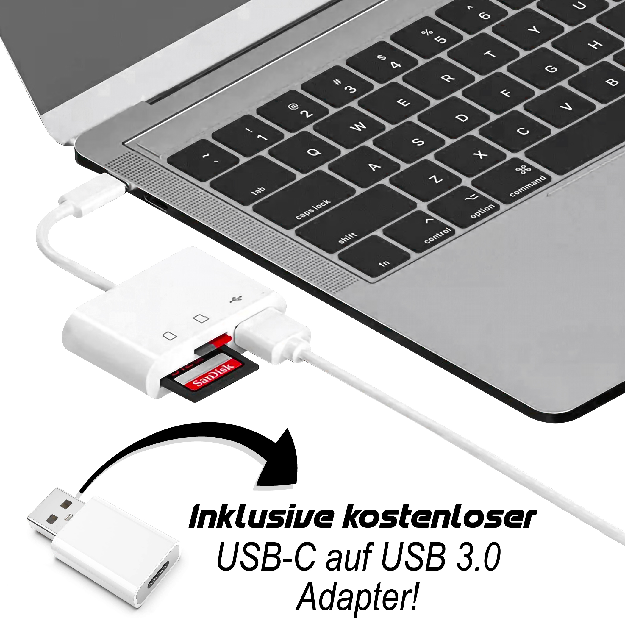 Laptop mit Kartenleser und SD-Karte sowie weißem USB-Adapter.