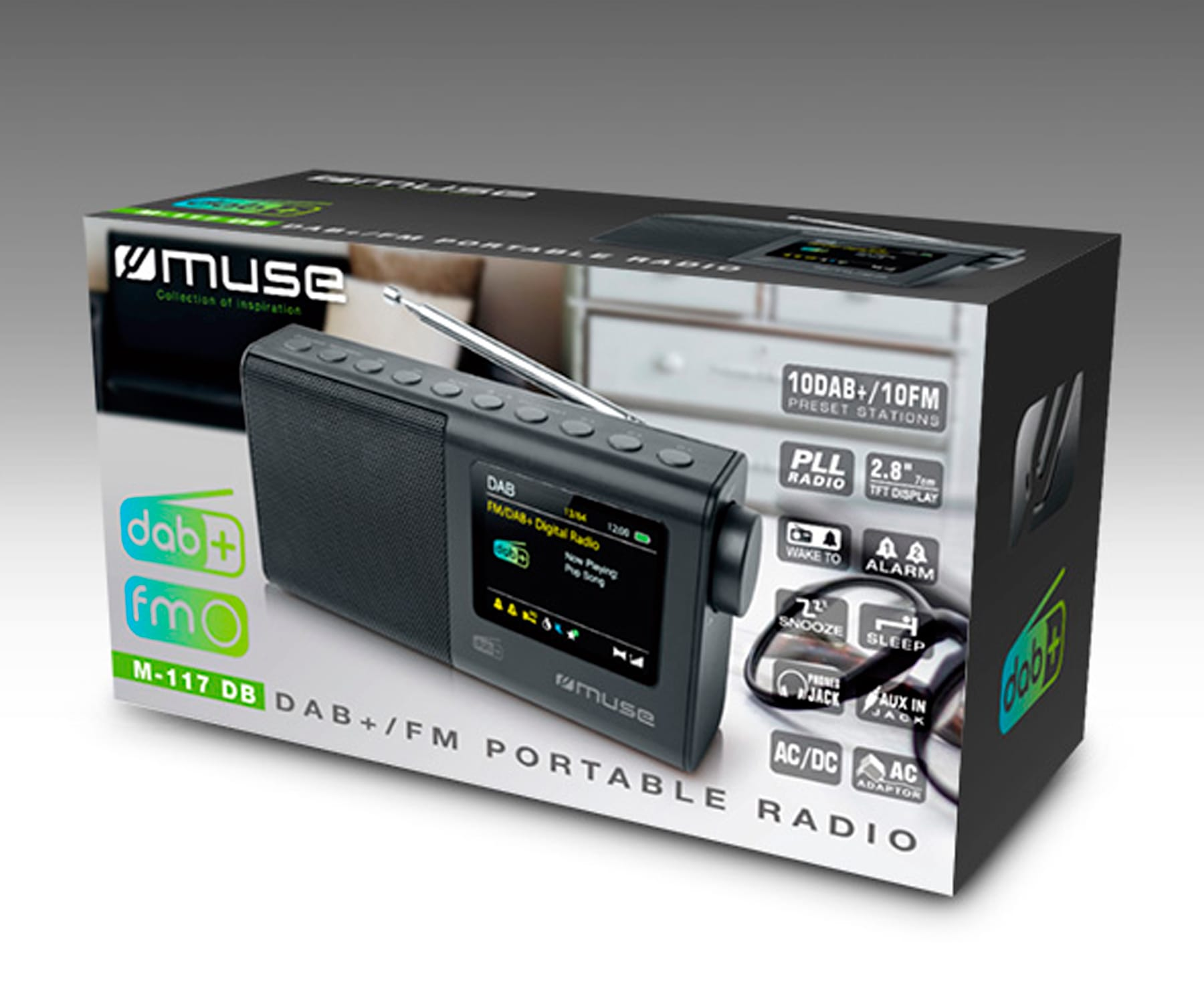 Przenośne radio DAB+/FM Muse w pudełku. Pudełko zawiera obraz radia i teksty o funkcjach.