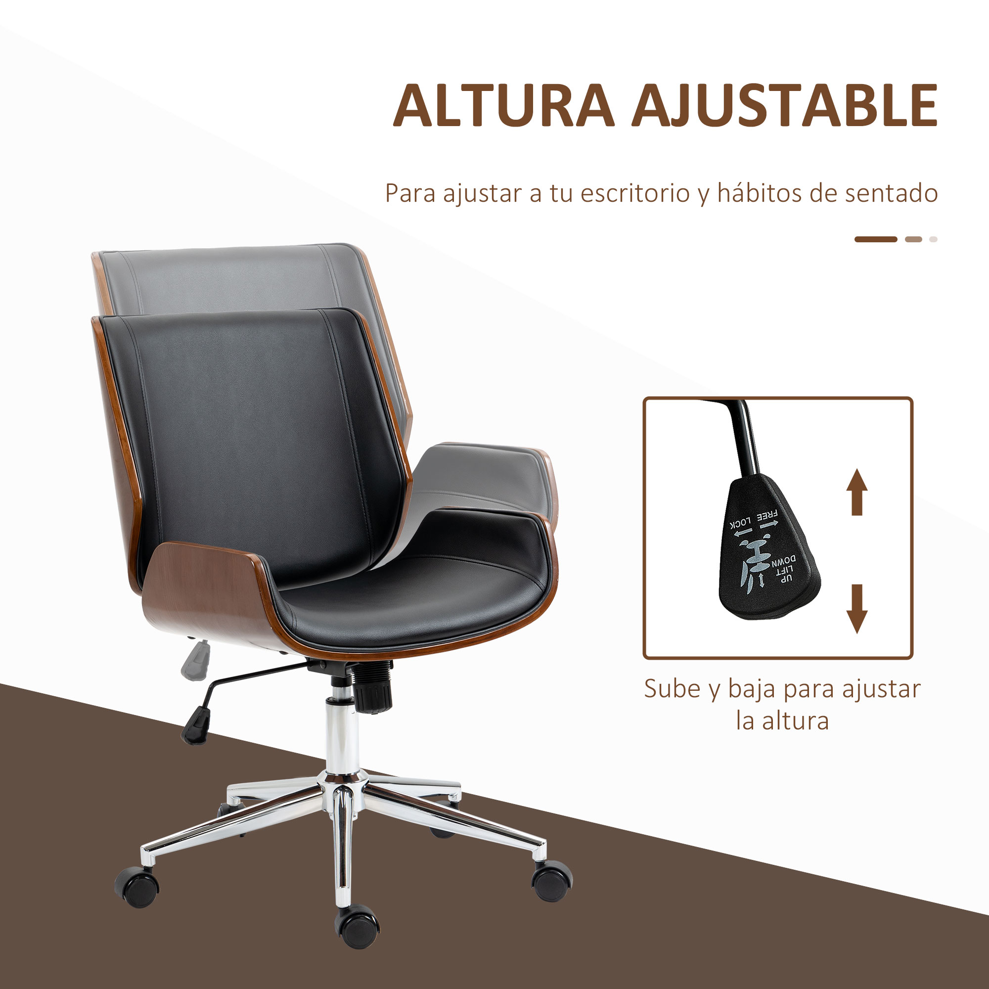 Silla de oficina con respaldo de madera y asiento negro. Se muestran instrucciones de ajuste de altura.