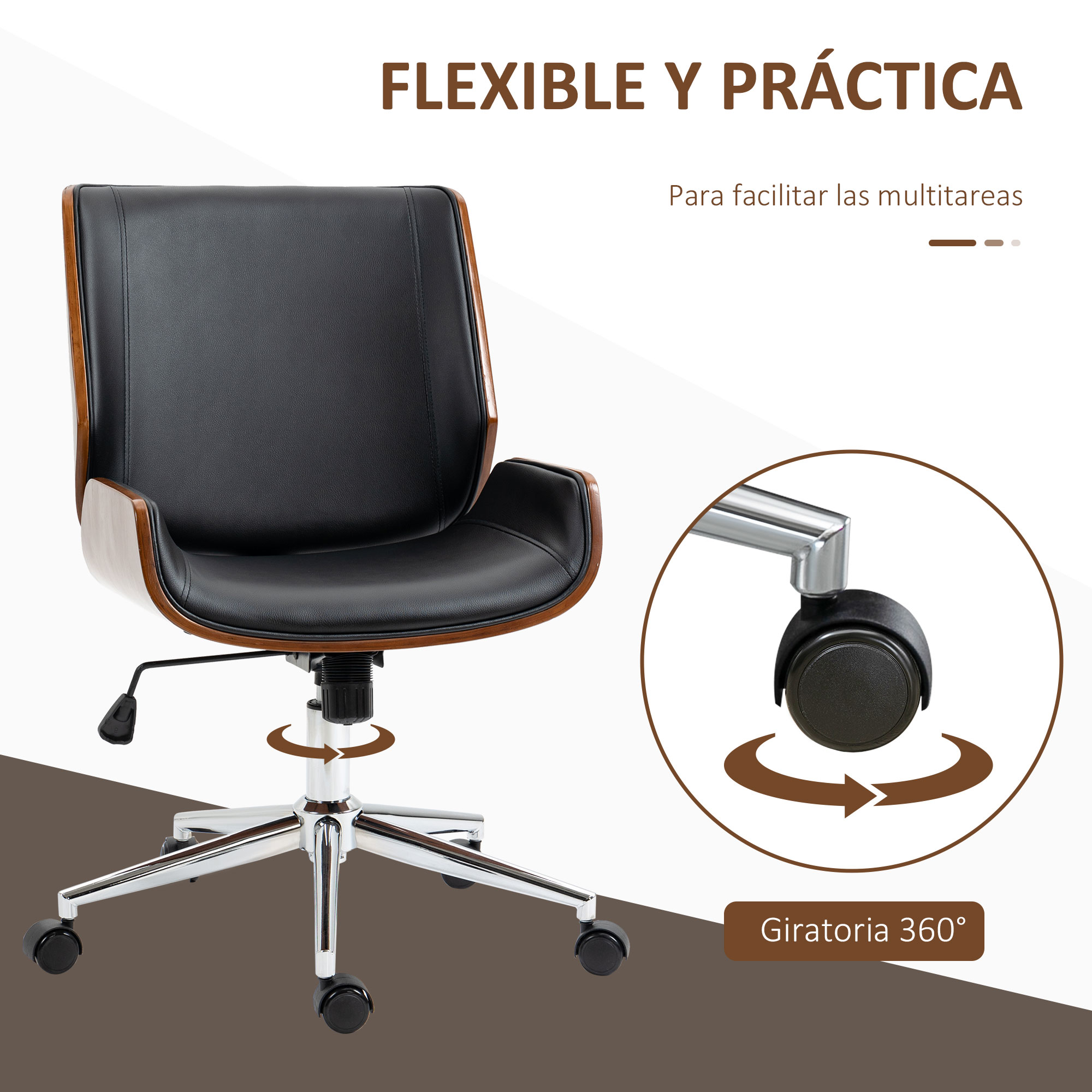 Una silla de oficina con asiento negro y respaldo de madera. La silla tiene base cromada y ruedas.