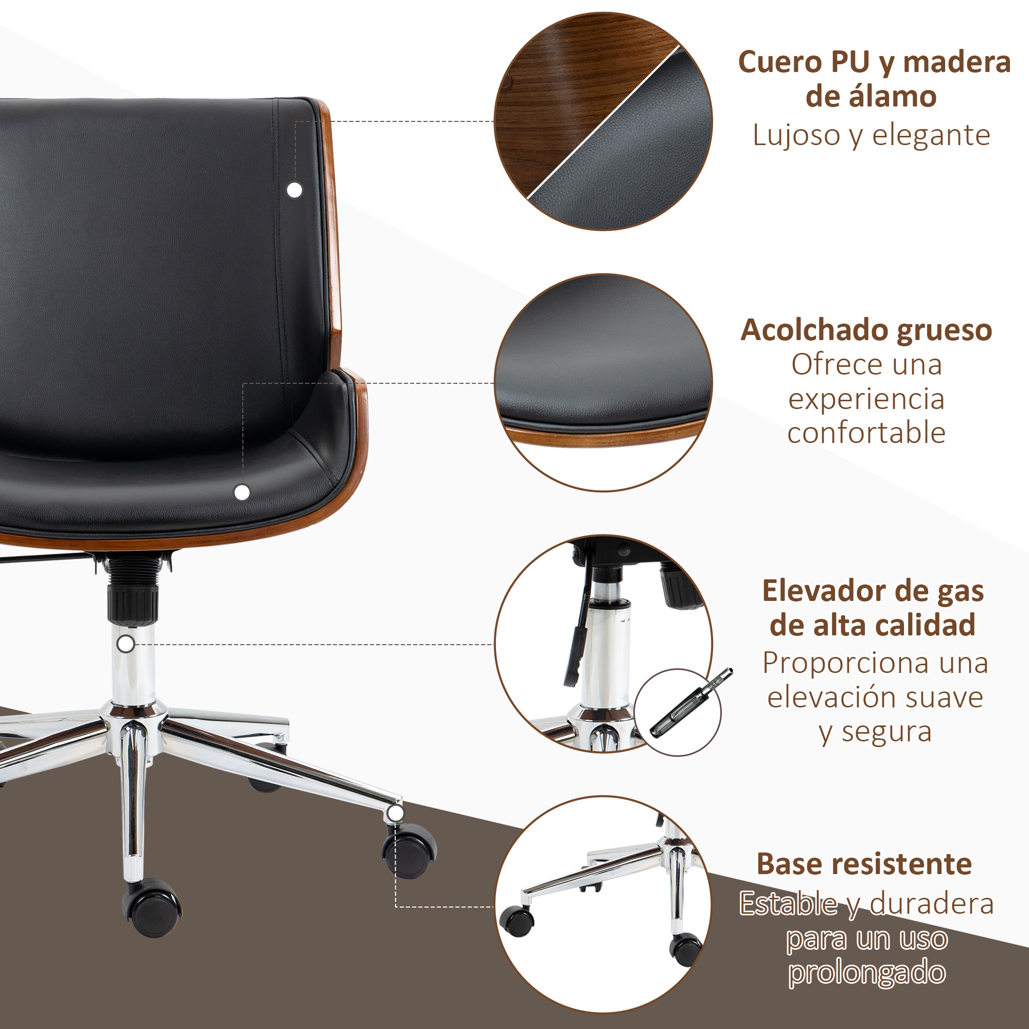 Una silla de oficina negra y marrón con ilustraciones detalladas que muestran sus características.