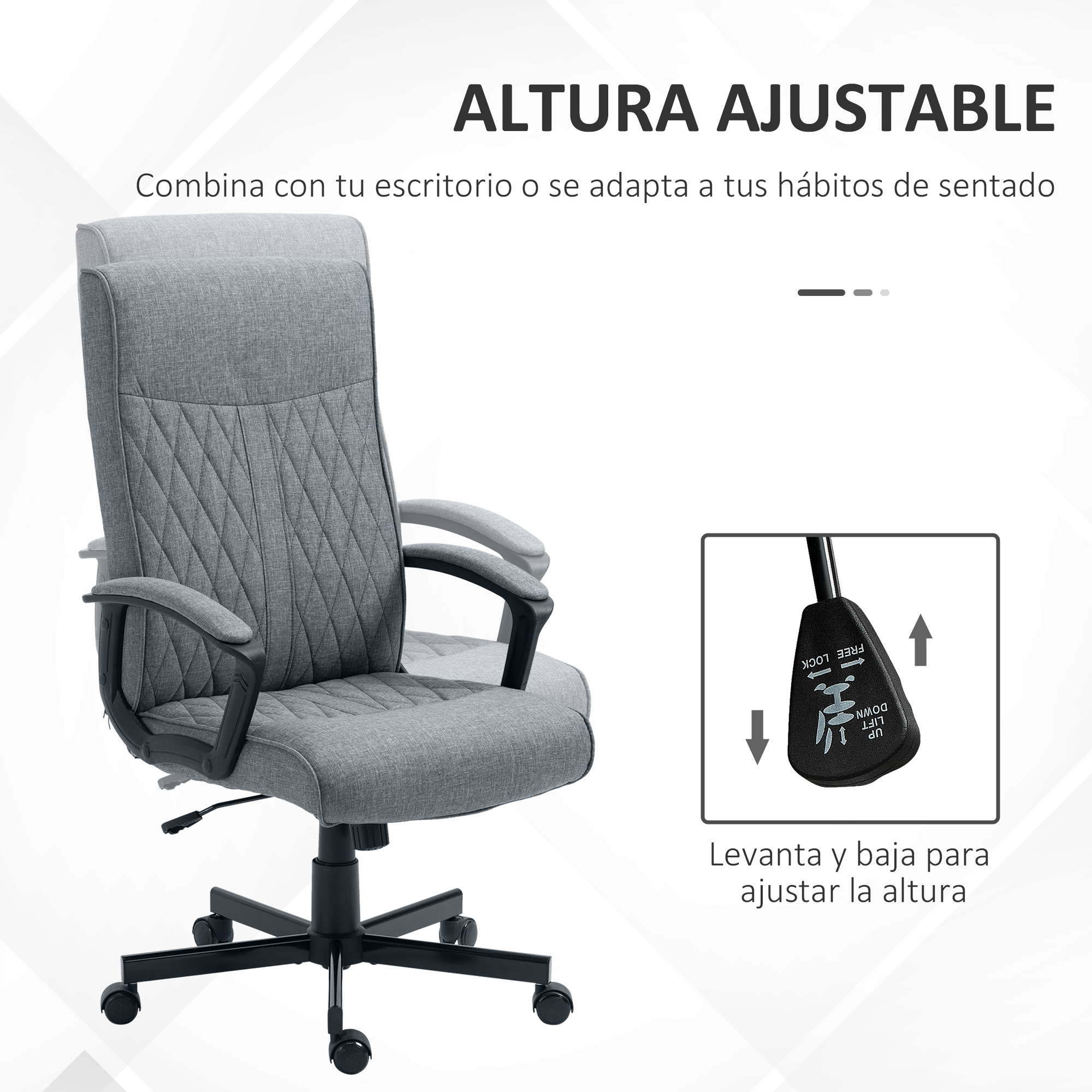 Silla de oficina gris con altura ajustable. Texto en español describe la función.