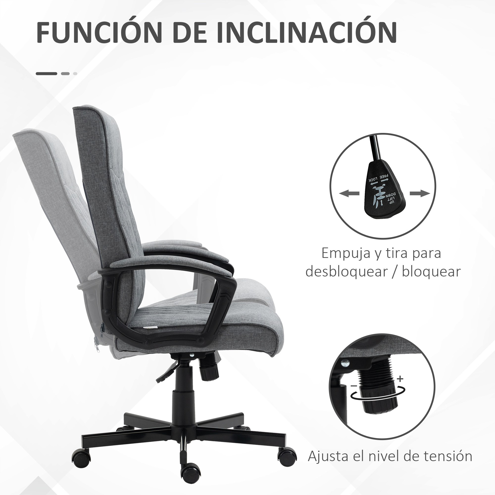 Una silla de oficina con función de inclinación. Muestra cómo empujar y tirar para bloquear/desbloquear.