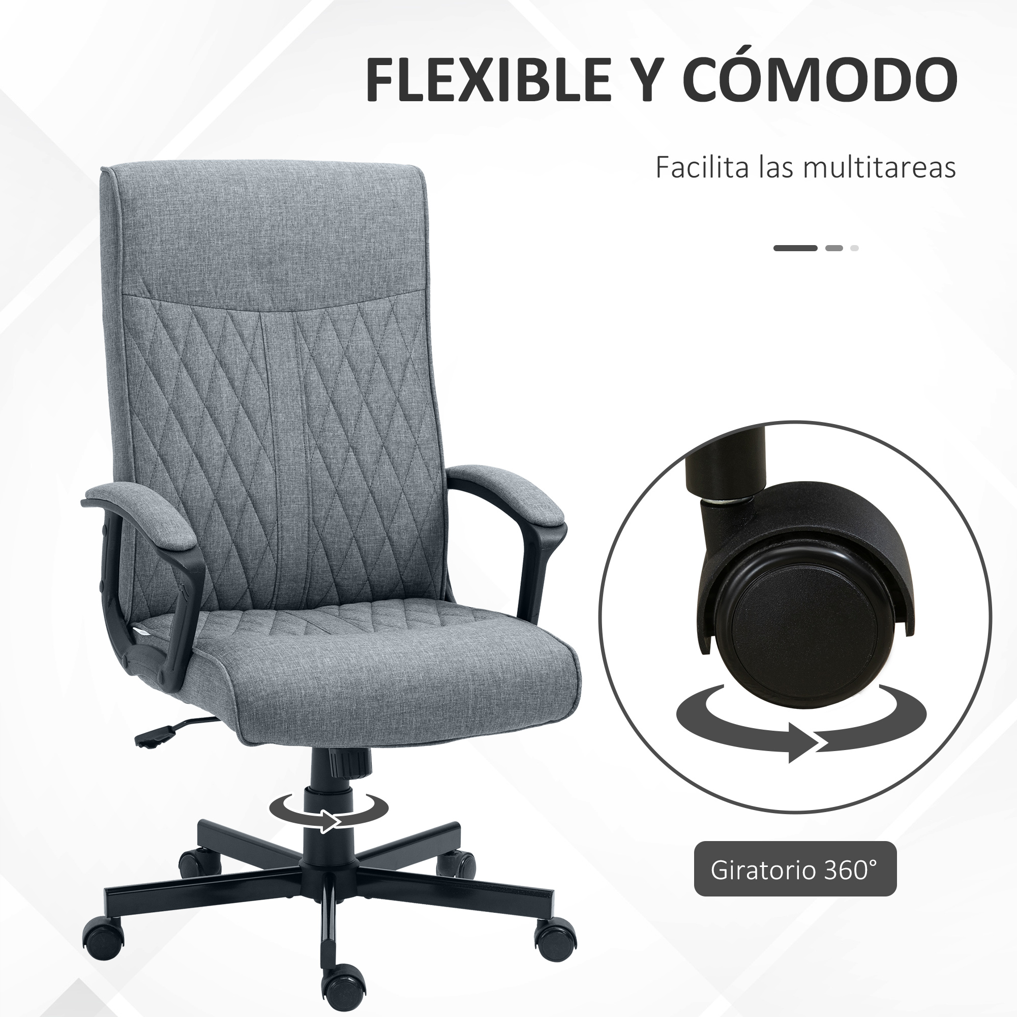 Silla de oficina gris con reposabrazos y base de ruedas, giratoria 360º.